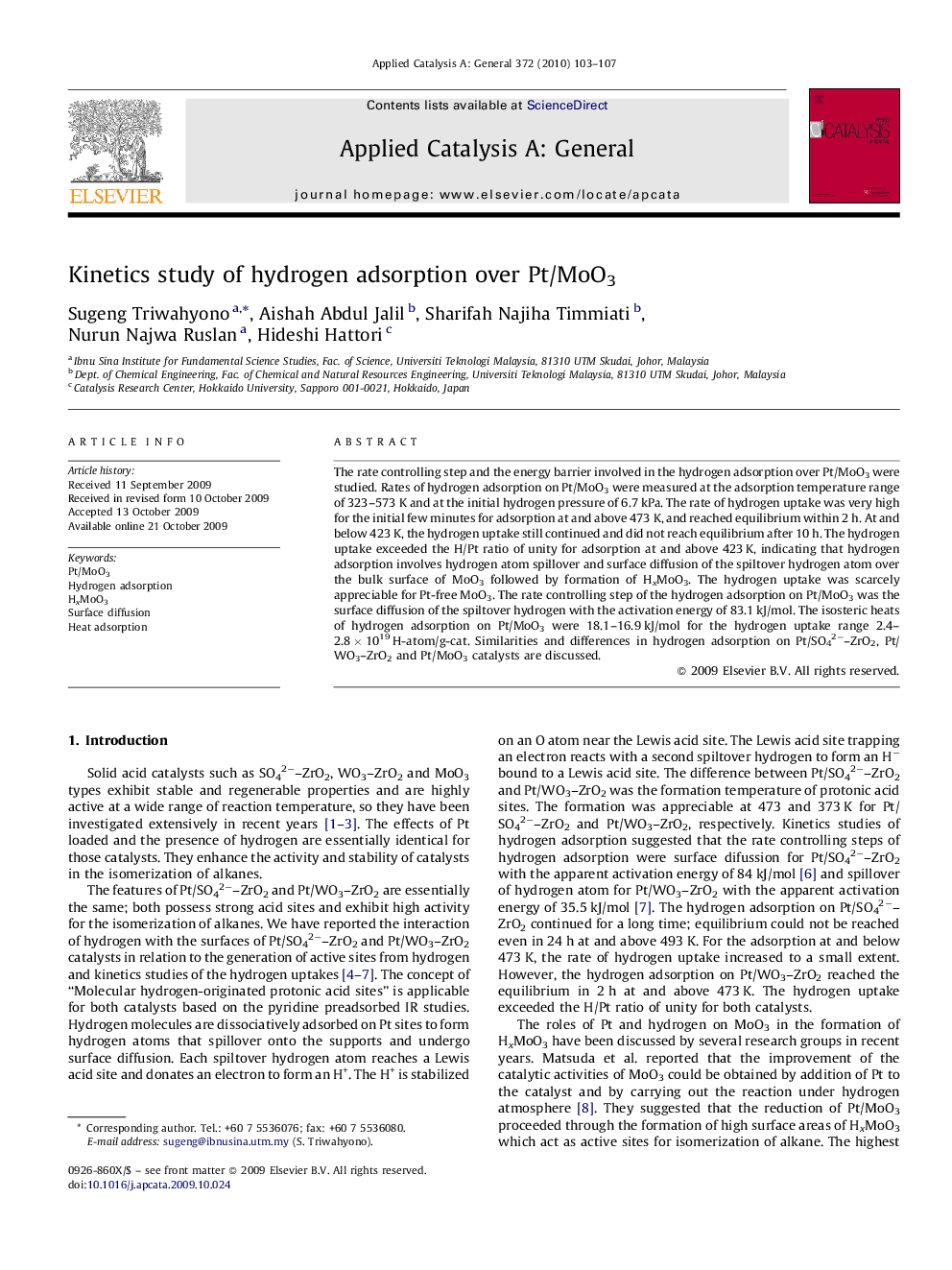 Kinetics study of hydrogen adsorption over Pt/MoO3