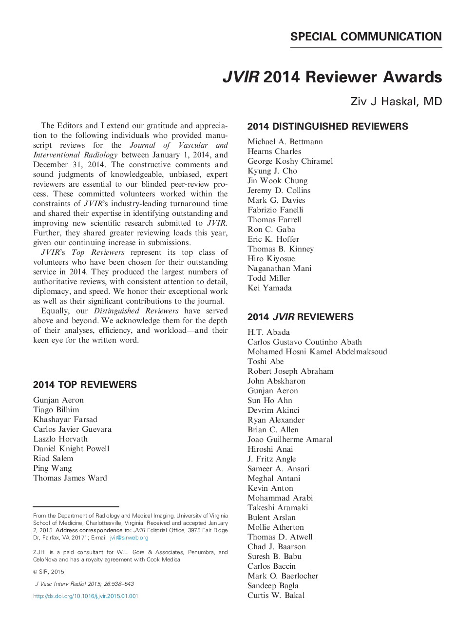 JVIR 2014 Reviewer Awards