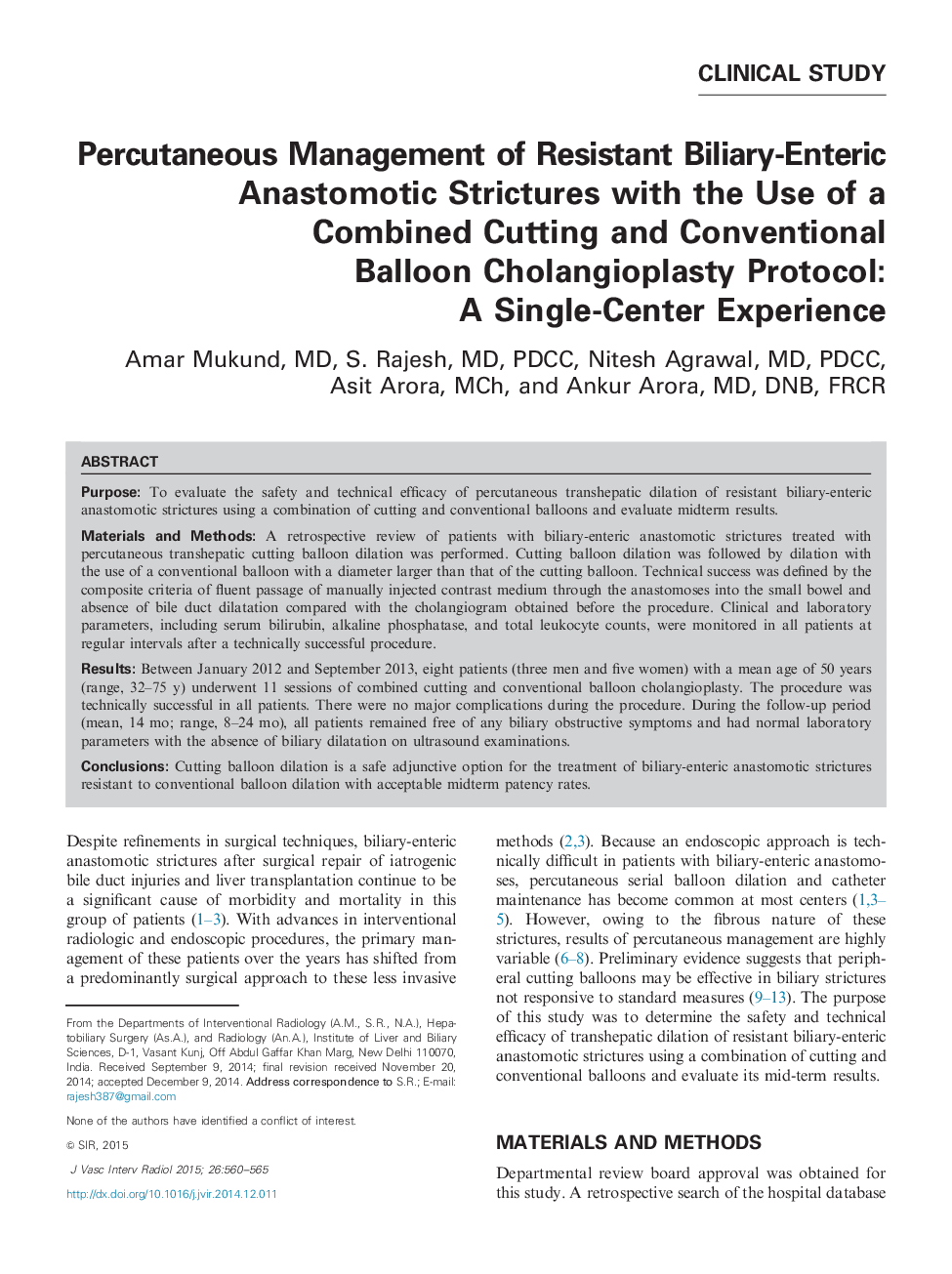Percutaneous Management of Resistant Biliary-Enteric Anastomotic Strictures with the Use of a Combined Cutting and Conventional Balloon Cholangioplasty Protocol: A Single-Center Experience