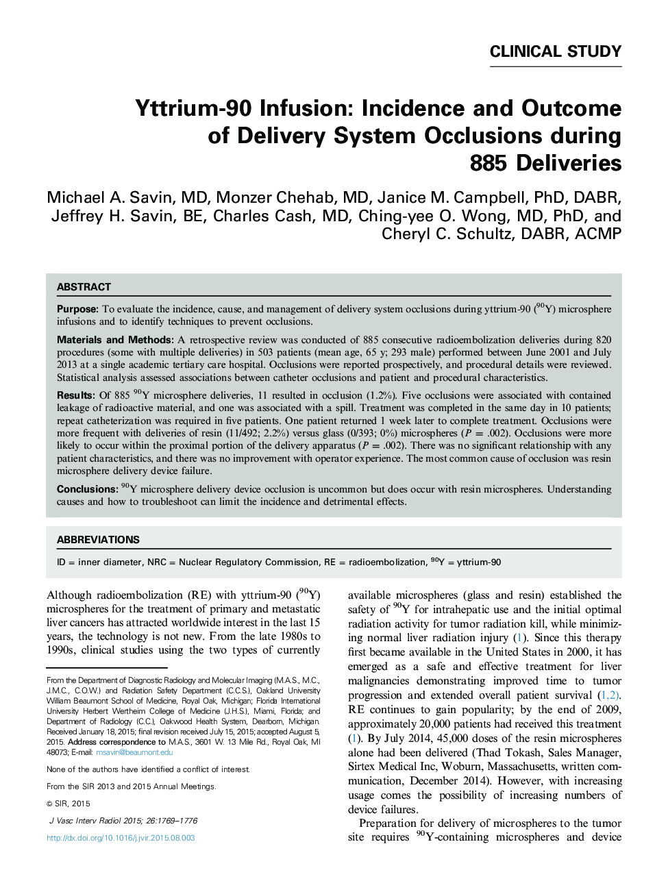 Yttrium-90 Infusion: Incidence and Outcome of Delivery System Occlusions during 885 Deliveries