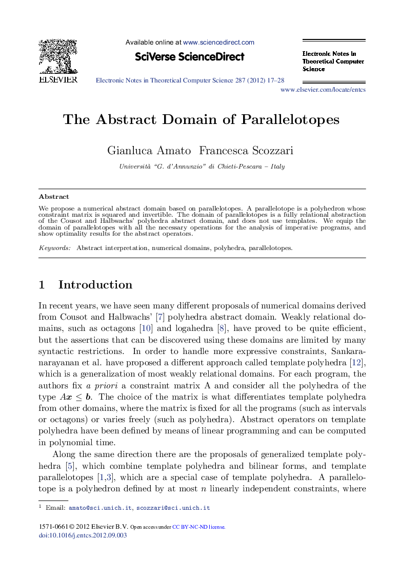 The Abstract Domain of Parallelotopes