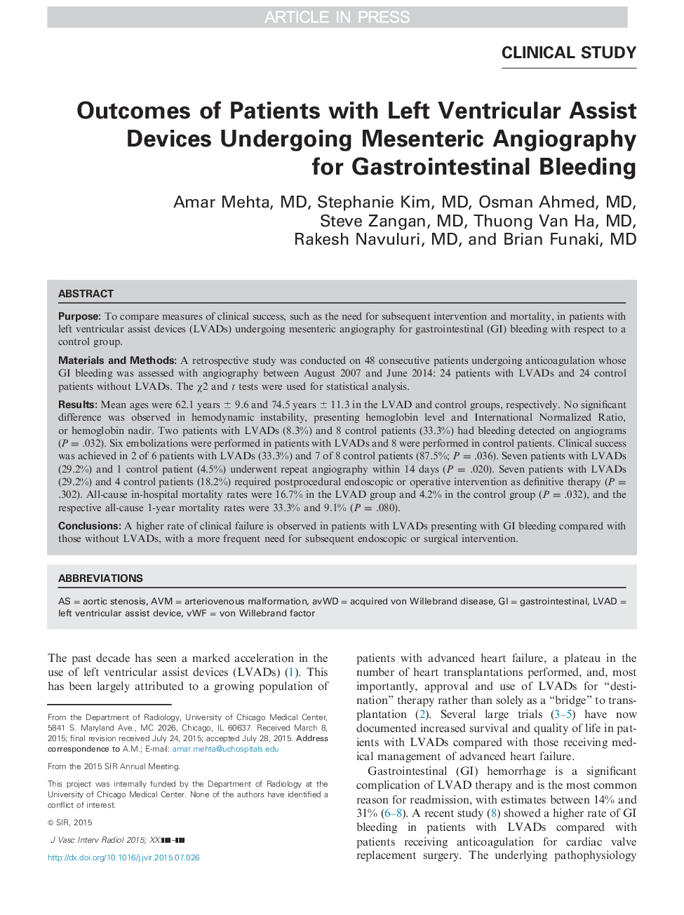 Outcomes of Patients with Left Ventricular Assist Devices Undergoing Mesenteric Angiography for Gastrointestinal Bleeding