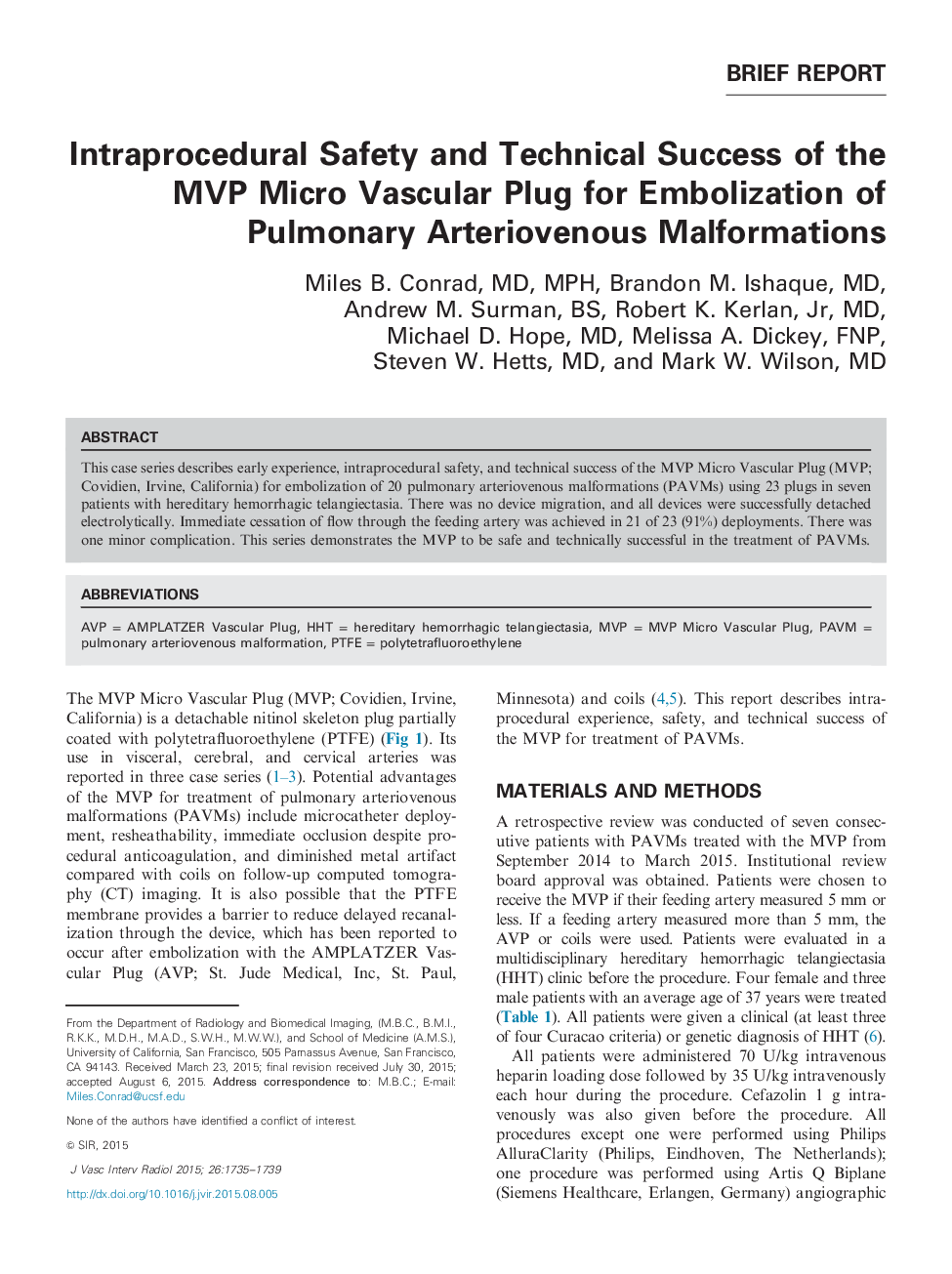 Intraprocedural Safety and Technical Success of the MVP Micro Vascular Plug for Embolization of Pulmonary Arteriovenous Malformations
