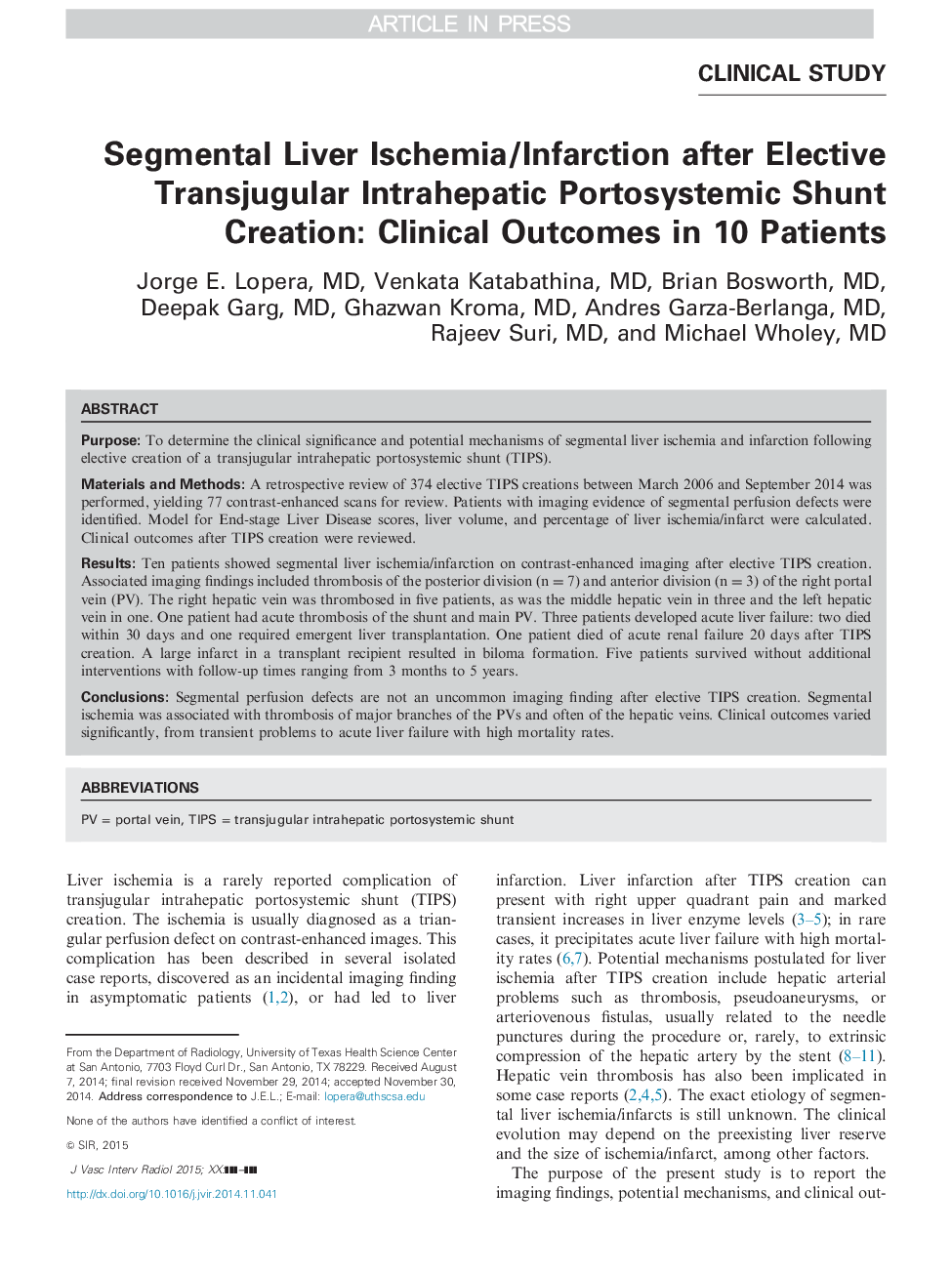 Segmental Liver Ischemia/Infarction after Elective Transjugular Intrahepatic Portosystemic Shunt Creation: Clinical Outcomes in 10 Patients