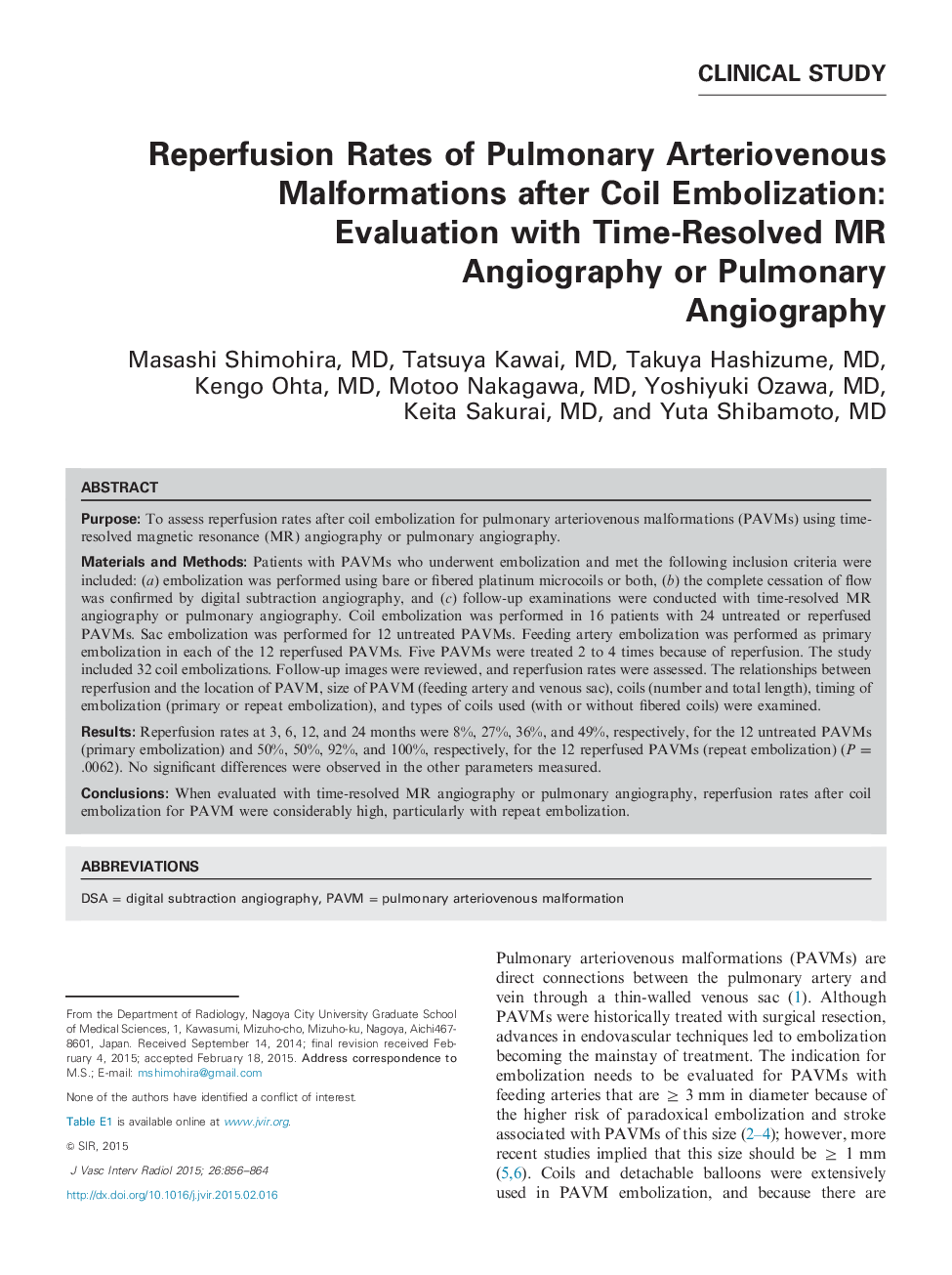Reperfusion Rates of Pulmonary Arteriovenous Malformations after Coil Embolization: Evaluation with Time-Resolved MR Angiography or Pulmonary Angiography