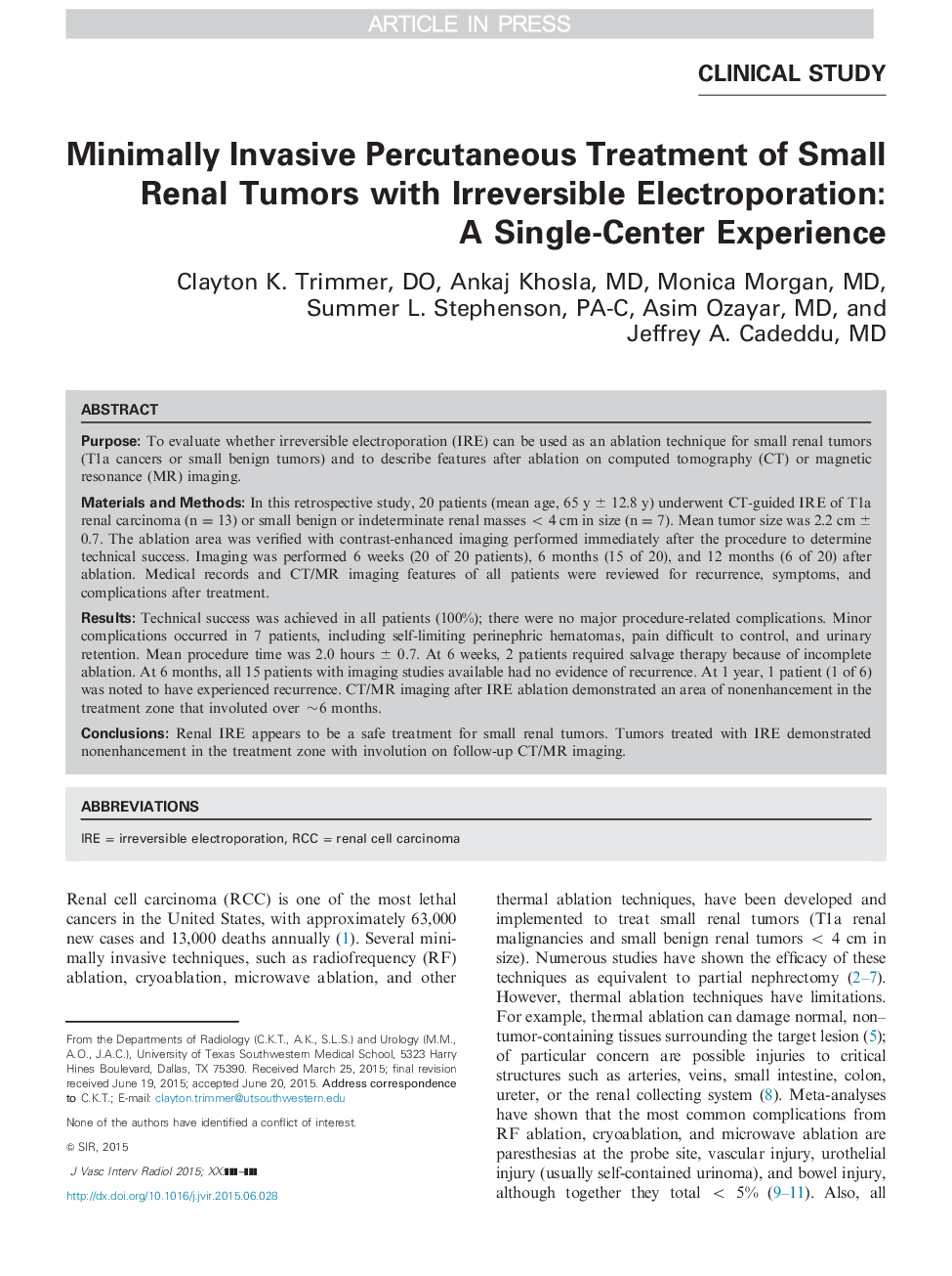 Minimally Invasive Percutaneous Treatment of Small Renal Tumors with Irreversible Electroporation: A Single-Center Experience
