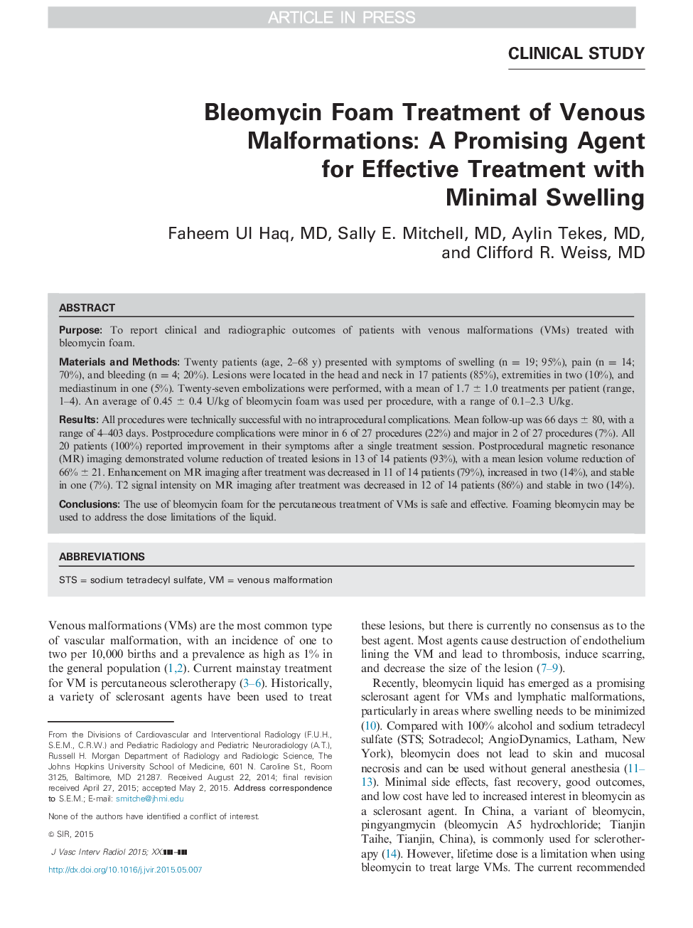 Bleomycin Foam Treatment of Venous Malformations: A Promising Agent for Effective Treatment with Minimal Swelling