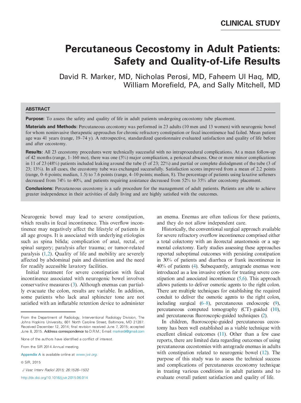 Percutaneous Cecostomy in Adult Patients: Safety and Quality-of-Life Results