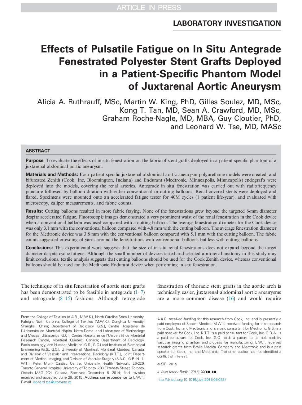Effects of Pulsatile Fatigue on In Situ Antegrade Fenestrated Polyester Stent Grafts Deployed in a Patient-Specific Phantom Model of Juxtarenal Aortic Aneurysm