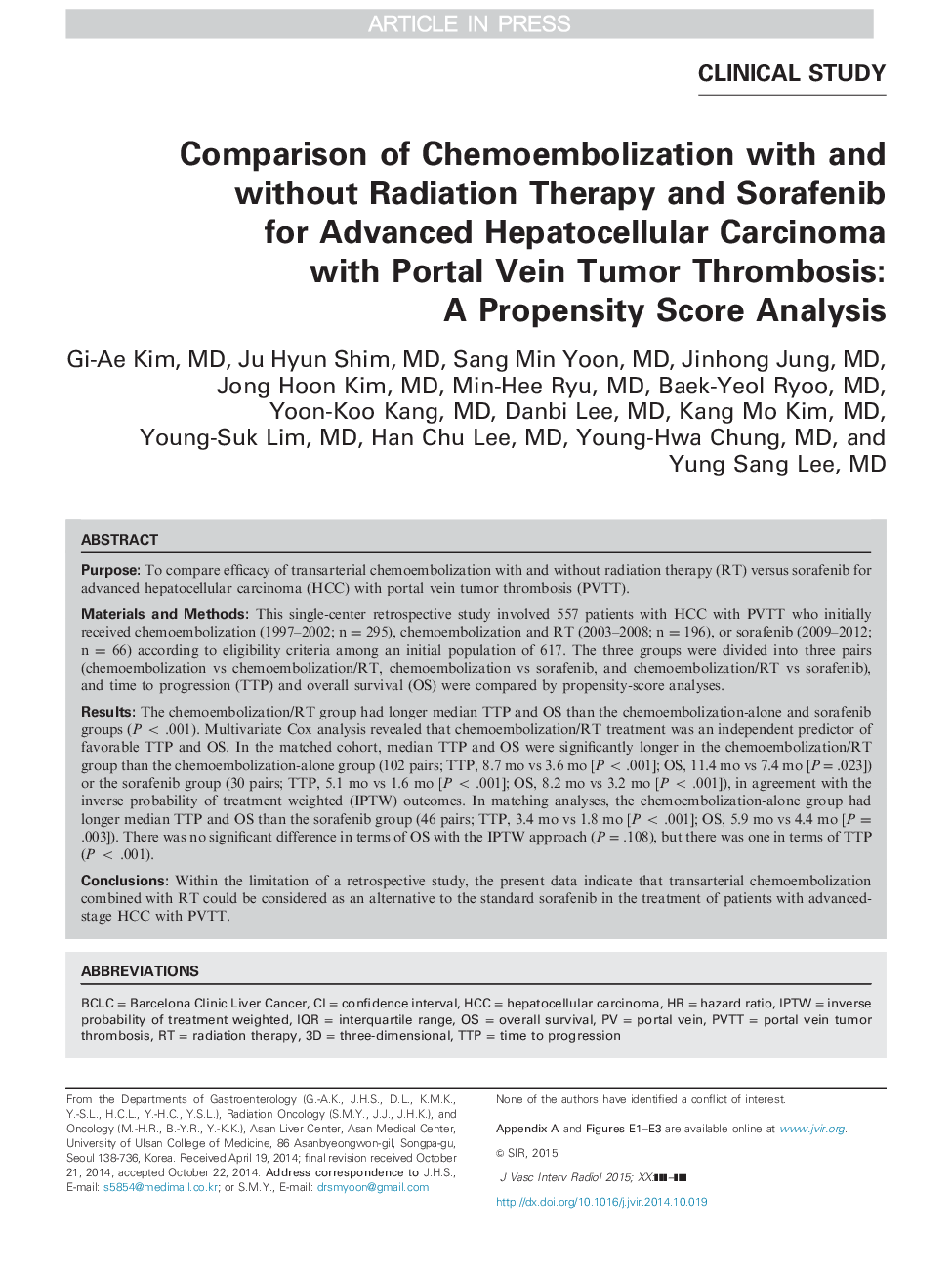 Comparison of Chemoembolization with and without Radiation Therapy and Sorafenib for Advanced Hepatocellular Carcinoma with Portal Vein Tumor Thrombosis: A Propensity Score Analysis