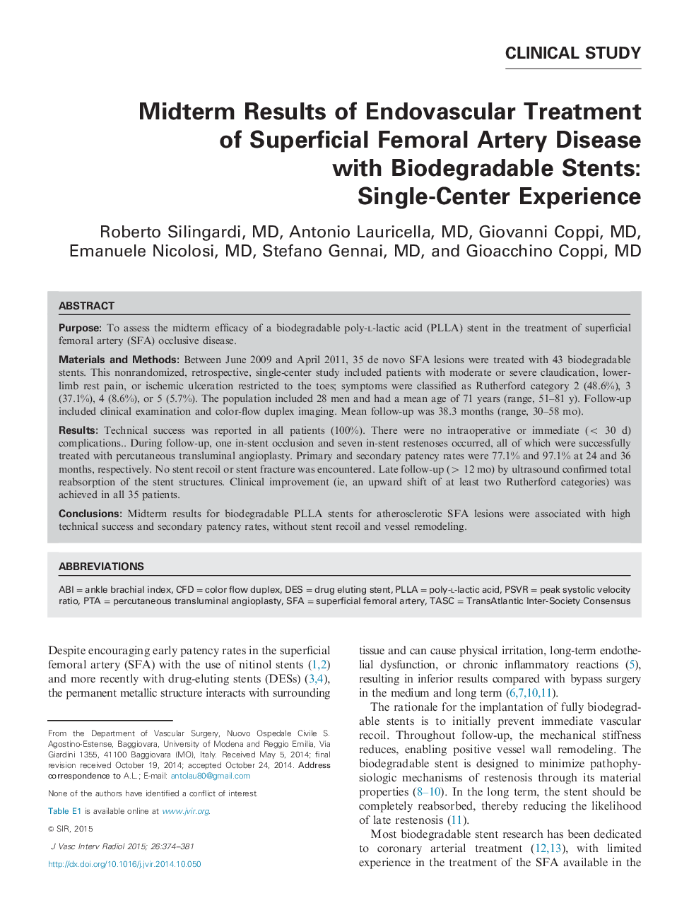 Midterm Results of Endovascular Treatment of Superficial Femoral Artery Disease with Biodegradable Stents: Single-Center Experience