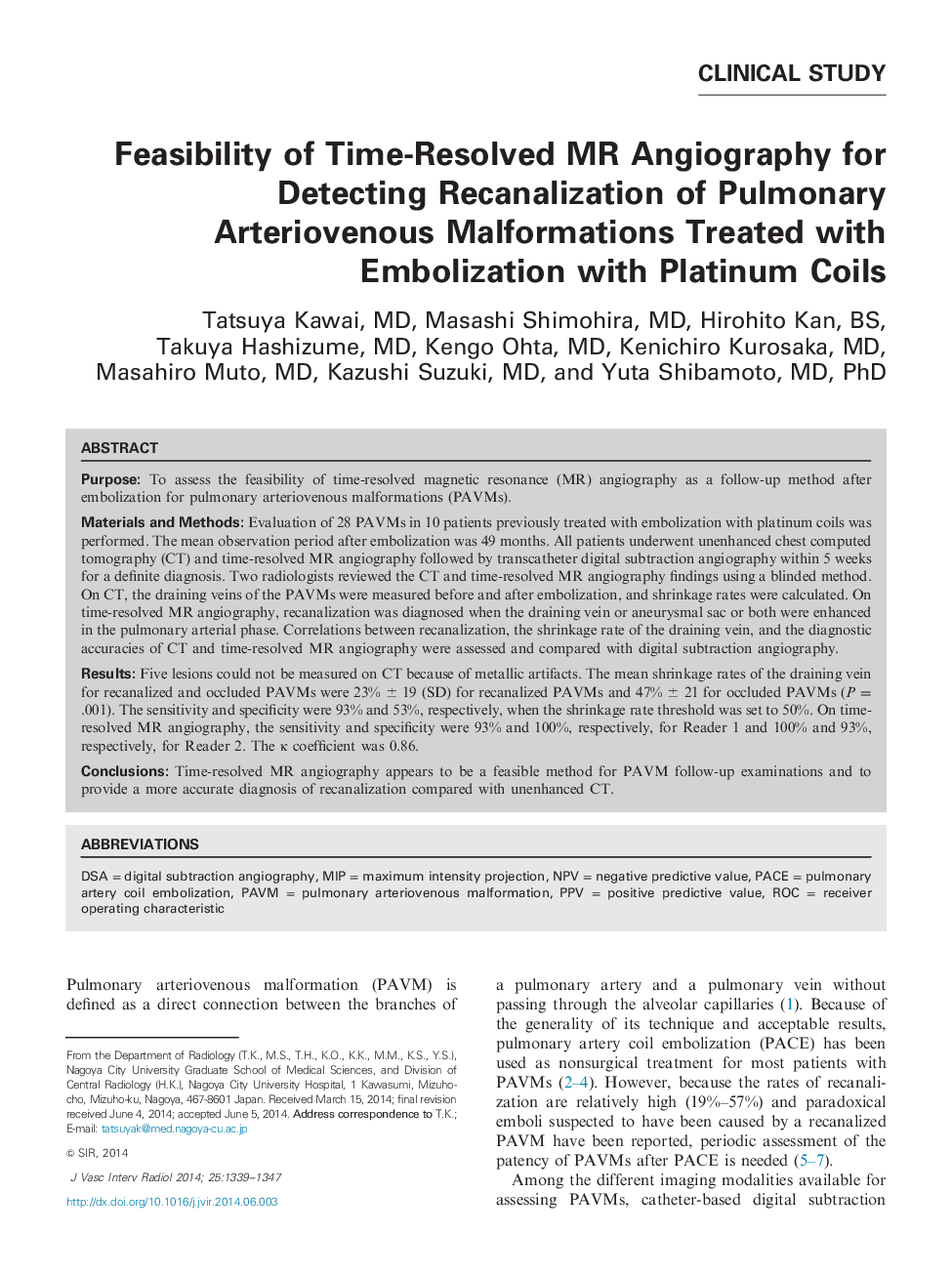 Feasibility of Time-Resolved MR Angiography for Detecting Recanalization of Pulmonary Arteriovenous Malformations Treated with Embolization with Platinum Coils