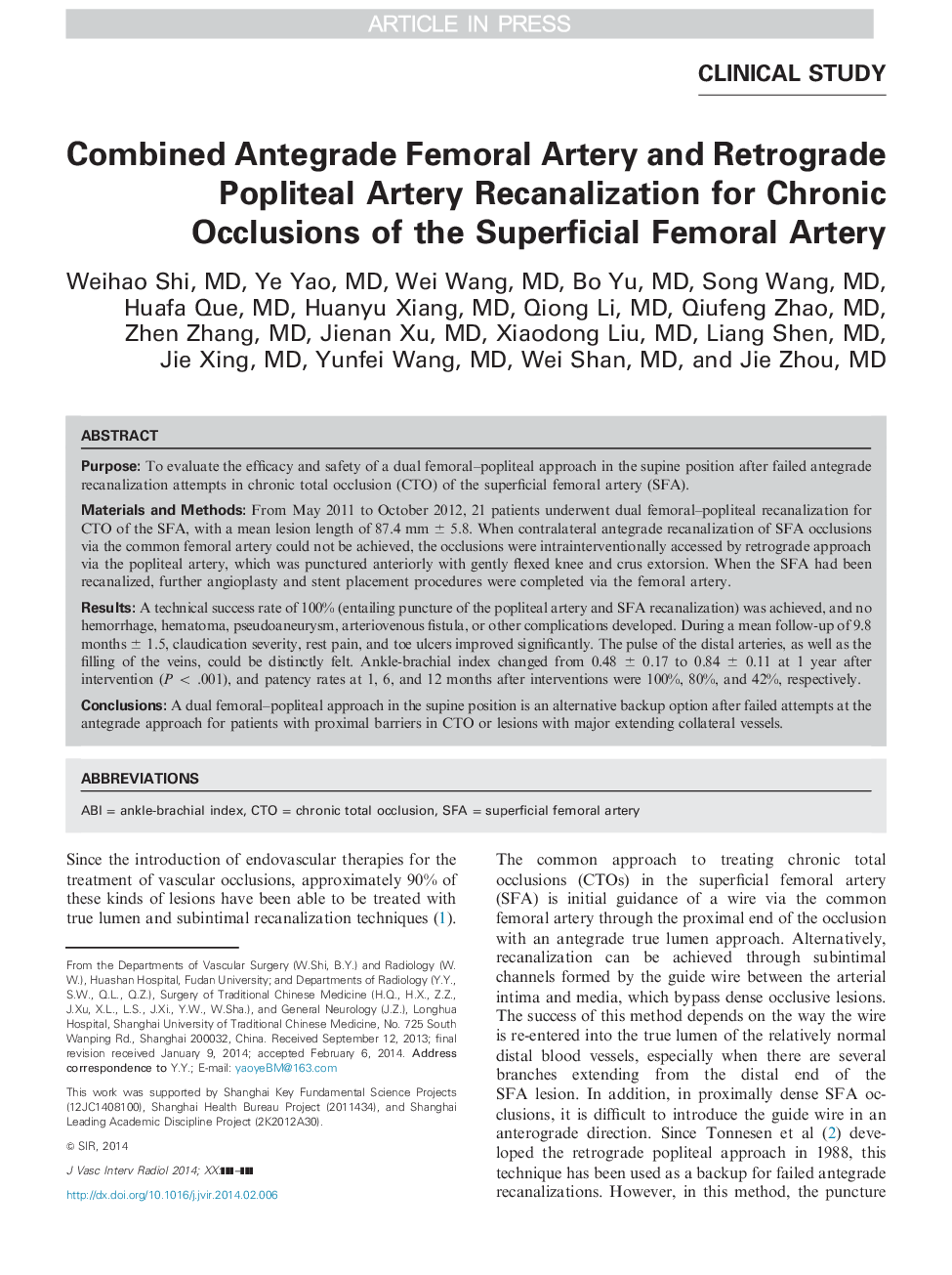 Combined Antegrade Femoral Artery and Retrograde Popliteal Artery Recanalization for Chronic Occlusions of the Superficial Femoral Artery