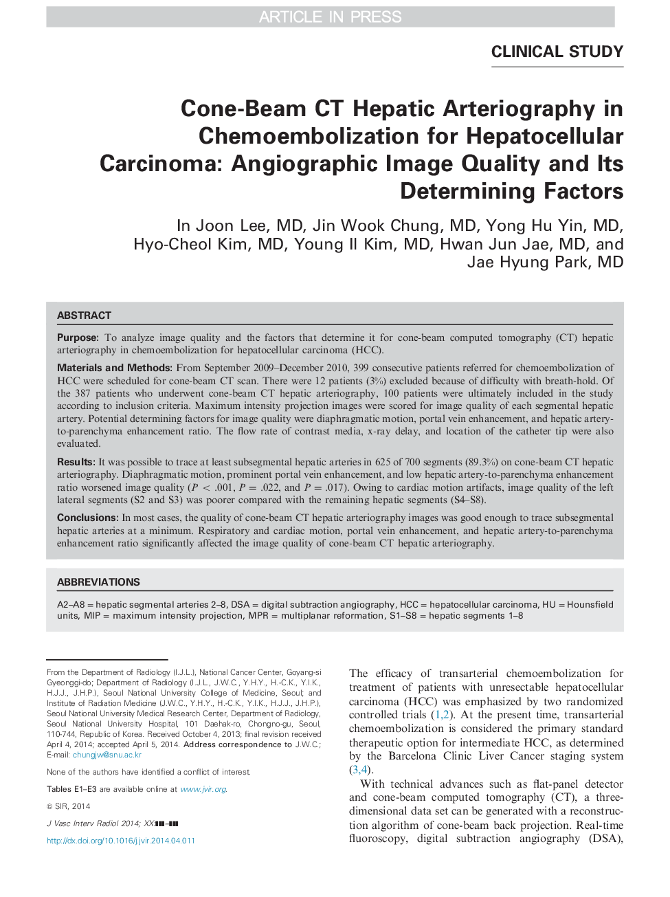 Cone-Beam CT Hepatic Arteriography in Chemoembolization for Hepatocellular Carcinoma: Angiographic Image Quality and Its Determining Factors