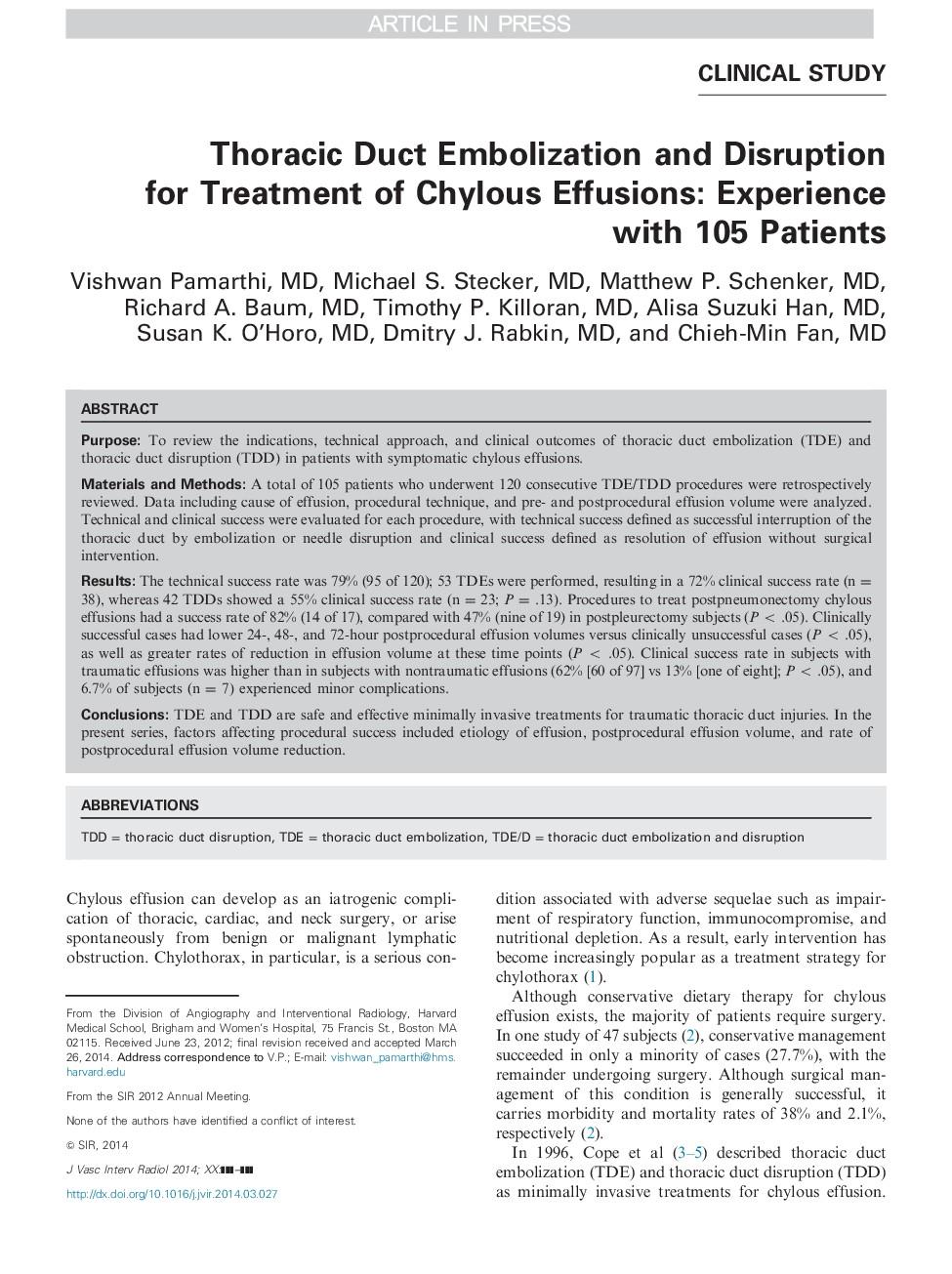 Thoracic Duct Embolization and Disruption for Treatment of Chylous Effusions: Experience with 105 Patients