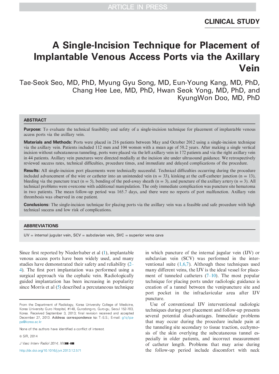 A Single-Incision Technique for Placement of Implantable Venous Access Ports via the Axillary Vein