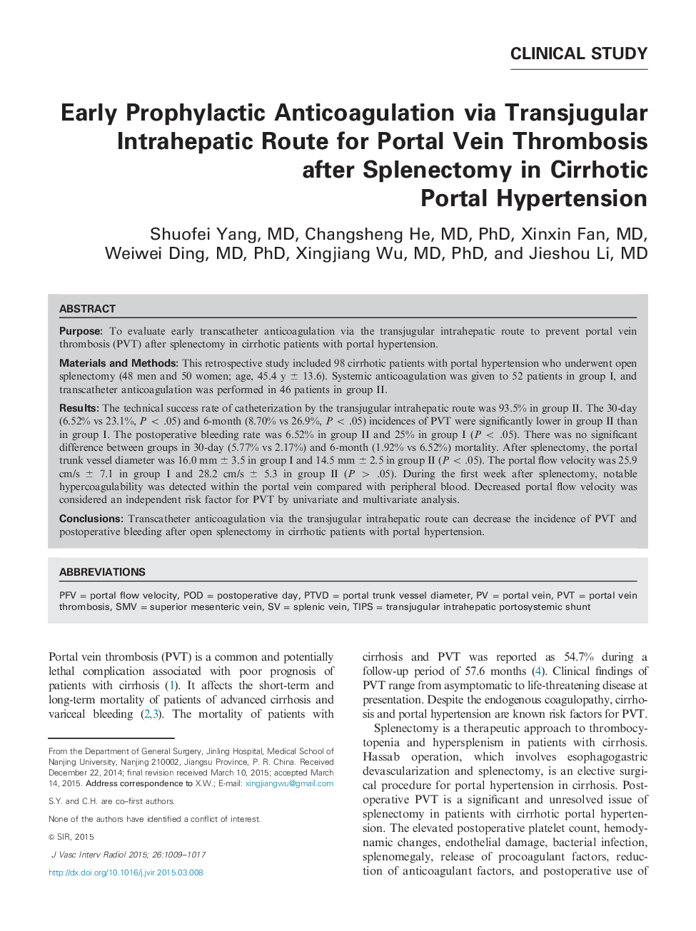 Early Prophylactic Anticoagulation via Transjugular Intrahepatic Route for Portal Vein Thrombosis after Splenectomy in Cirrhotic Portal Hypertension