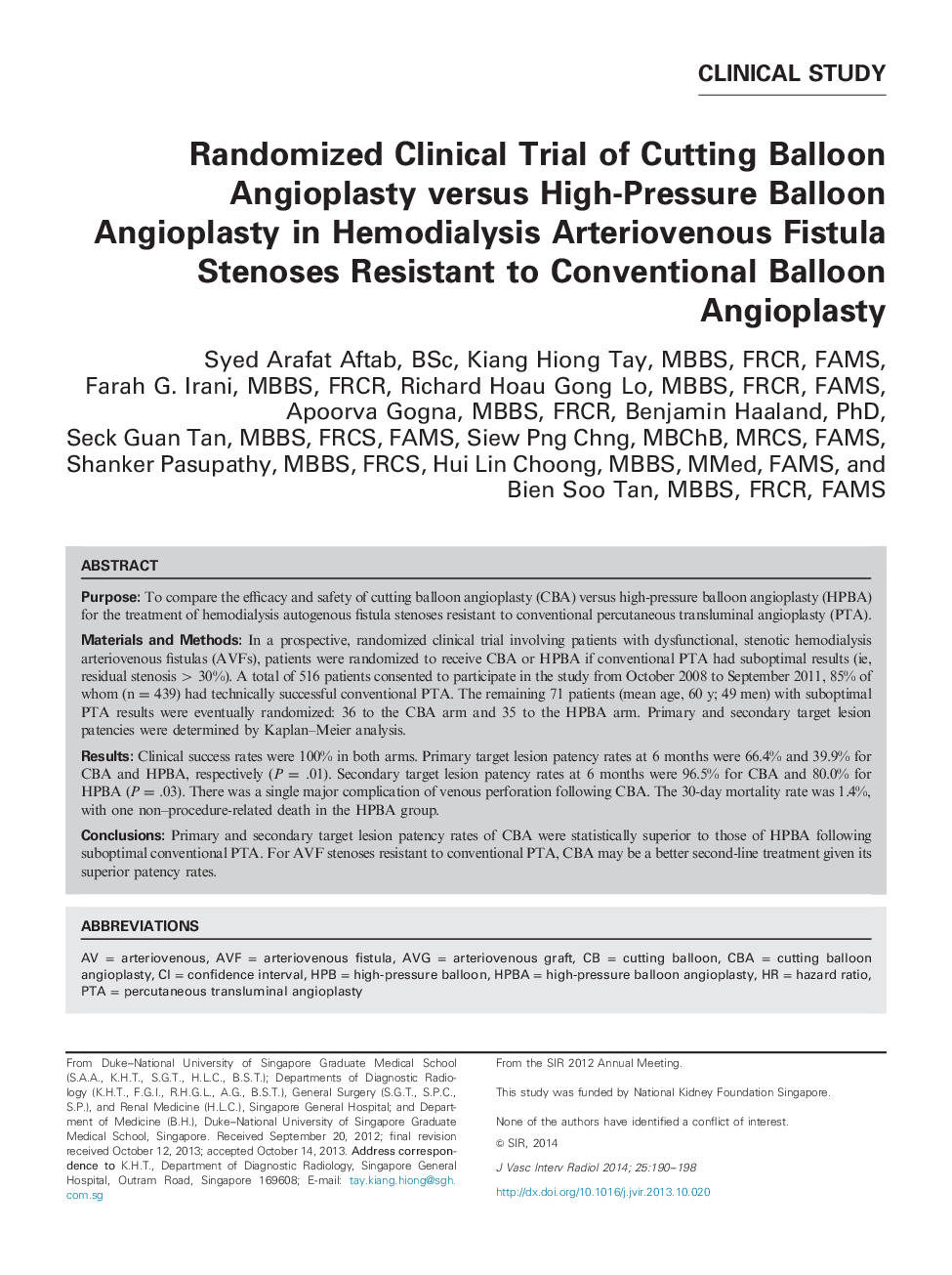 Randomized Clinical Trial of Cutting Balloon Angioplasty versus High-Pressure Balloon Angioplasty in Hemodialysis Arteriovenous Fistula Stenoses Resistant to Conventional Balloon Angioplasty