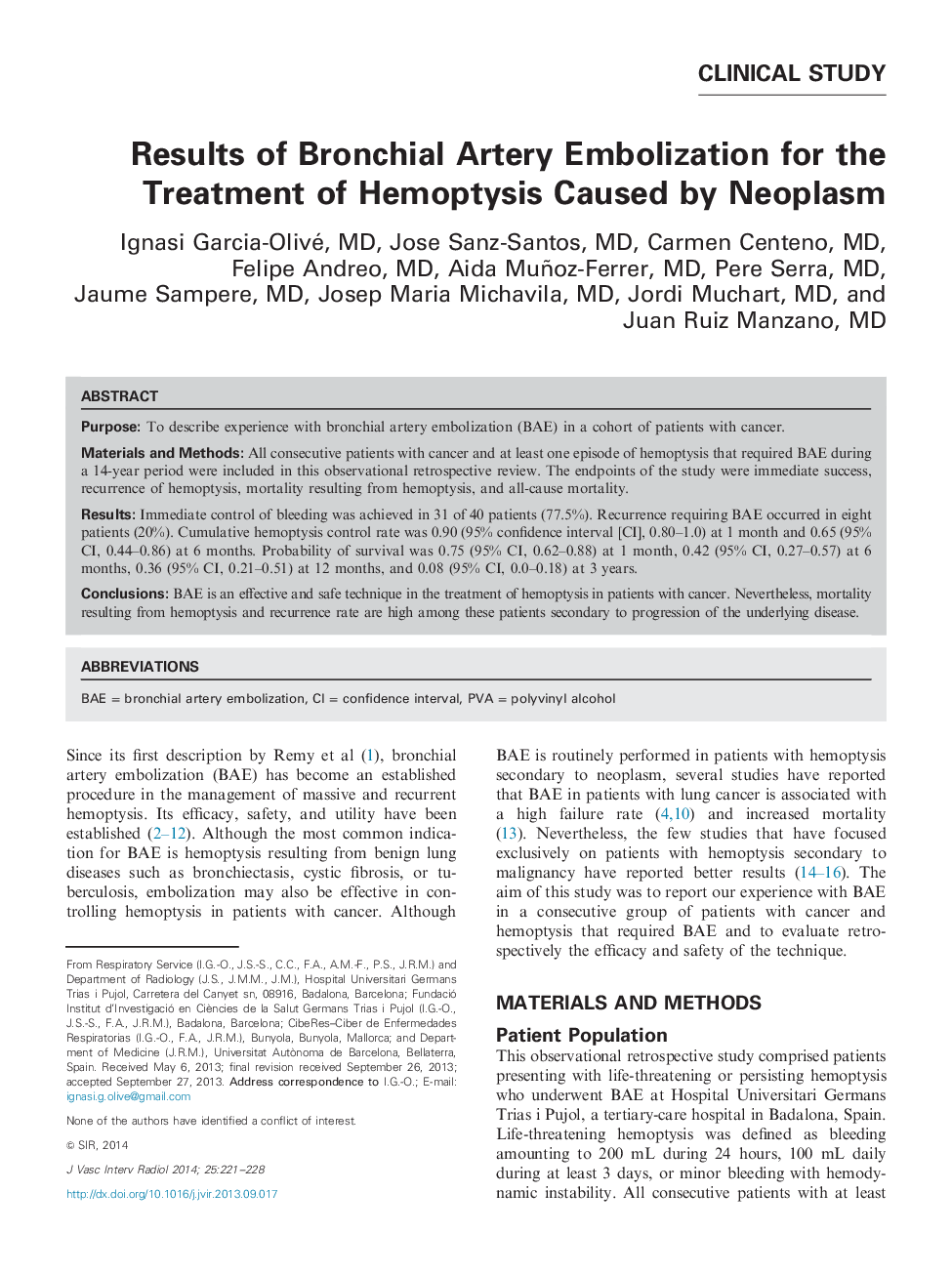 Results of Bronchial Artery Embolization for the Treatment of Hemoptysis Caused by Neoplasm