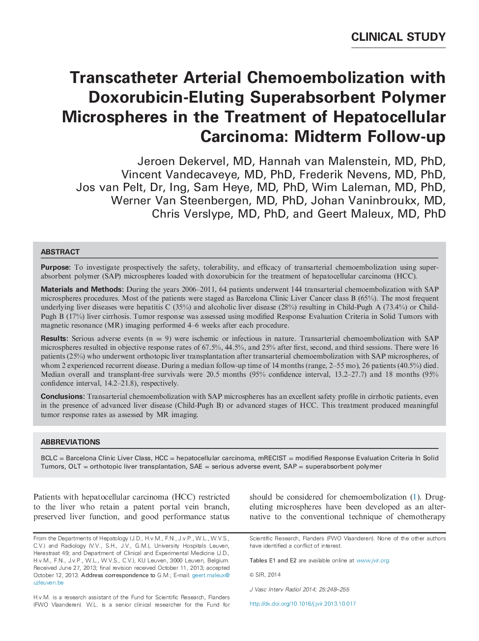 Transcatheter Arterial Chemoembolization with Doxorubicin-Eluting Superabsorbent Polymer Microspheres in the Treatment of Hepatocellular Carcinoma: Midterm Follow-up