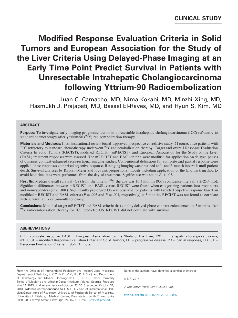 Modified Response Evaluation Criteria in Solid Tumors and European Association for the Study of the Liver Criteria Using Delayed-Phase Imaging at an Early Time Point Predict Survival in Patients with Unresectable Intrahepatic Cholangiocarcinoma following 