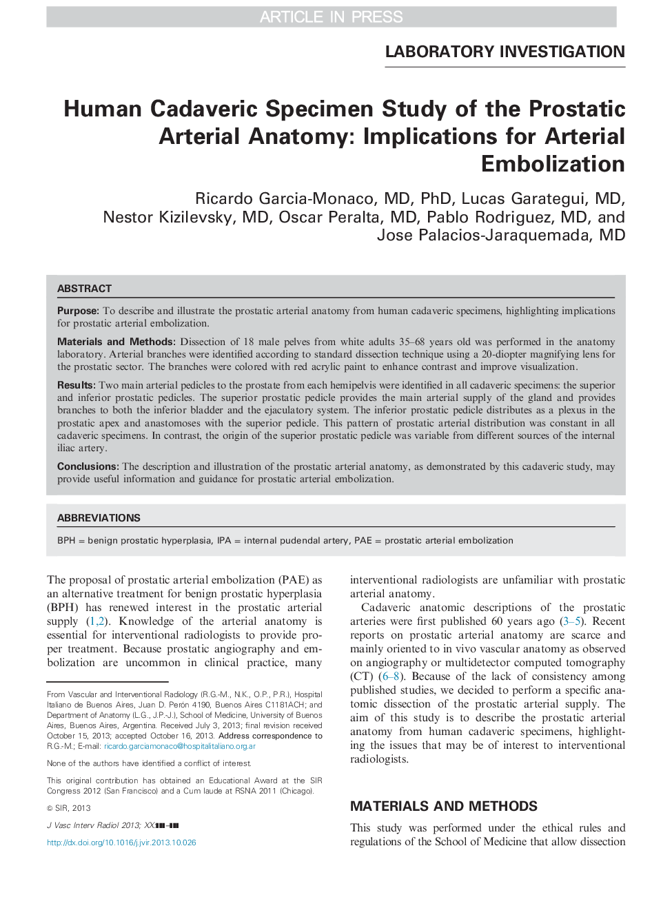 Human Cadaveric Specimen Study of the Prostatic Arterial Anatomy: Implications for Arterial Embolization