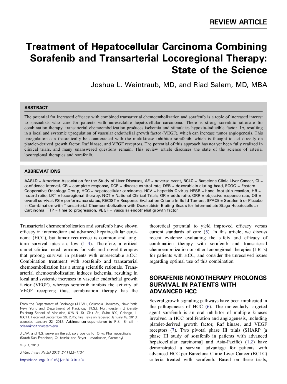 Treatment of Hepatocellular Carcinoma Combining Sorafenib and Transarterial Locoregional Therapy: State of the Science