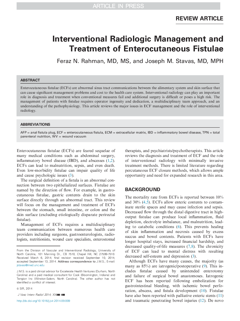 Interventional Radiologic Management and Treatment of Enterocutaneous Fistulae