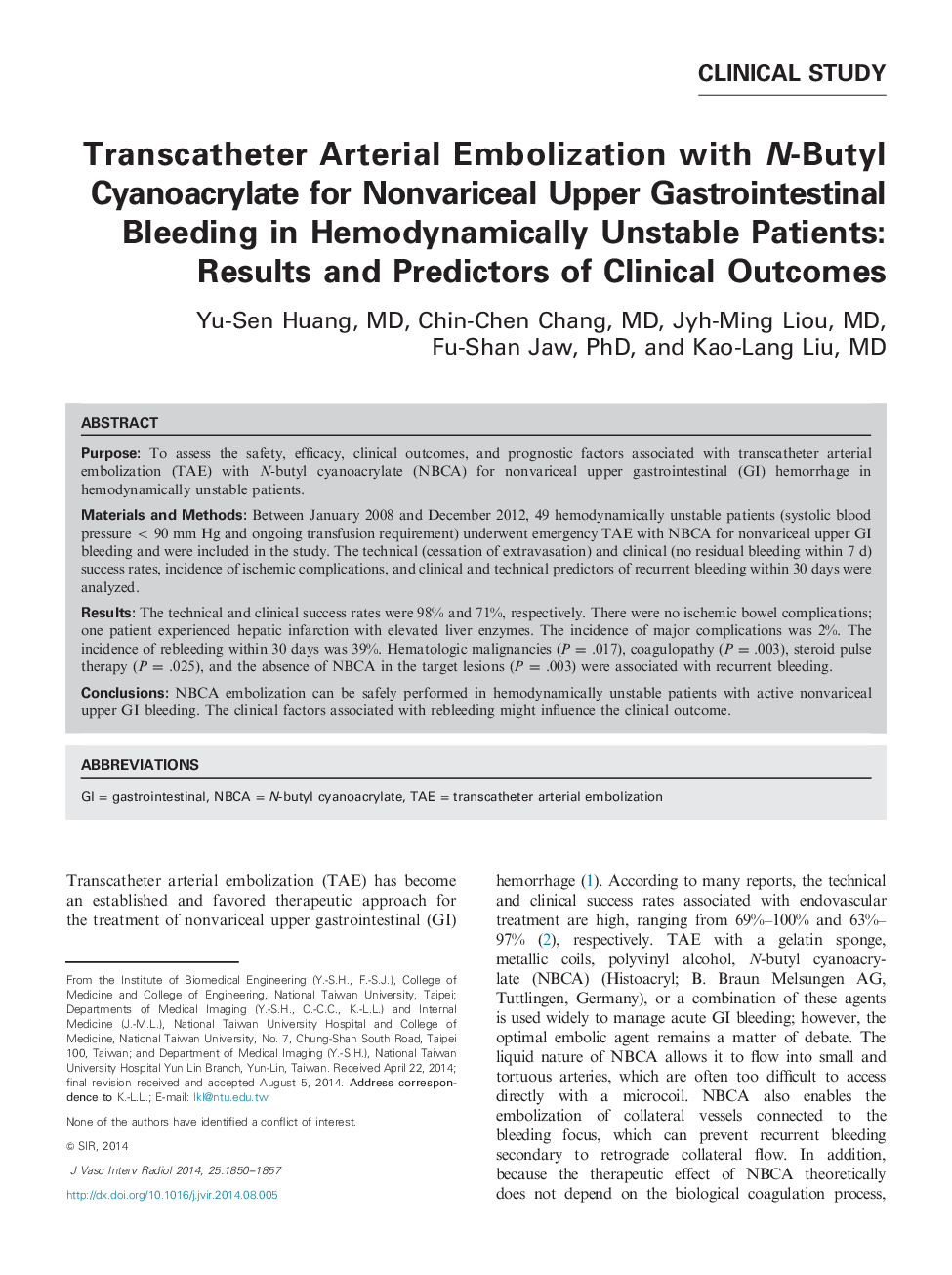 Transcatheter Arterial Embolization with N-Butyl Cyanoacrylate for Nonvariceal Upper Gastrointestinal Bleeding in Hemodynamically Unstable Patients: Results and Predictors of Clinical Outcomes