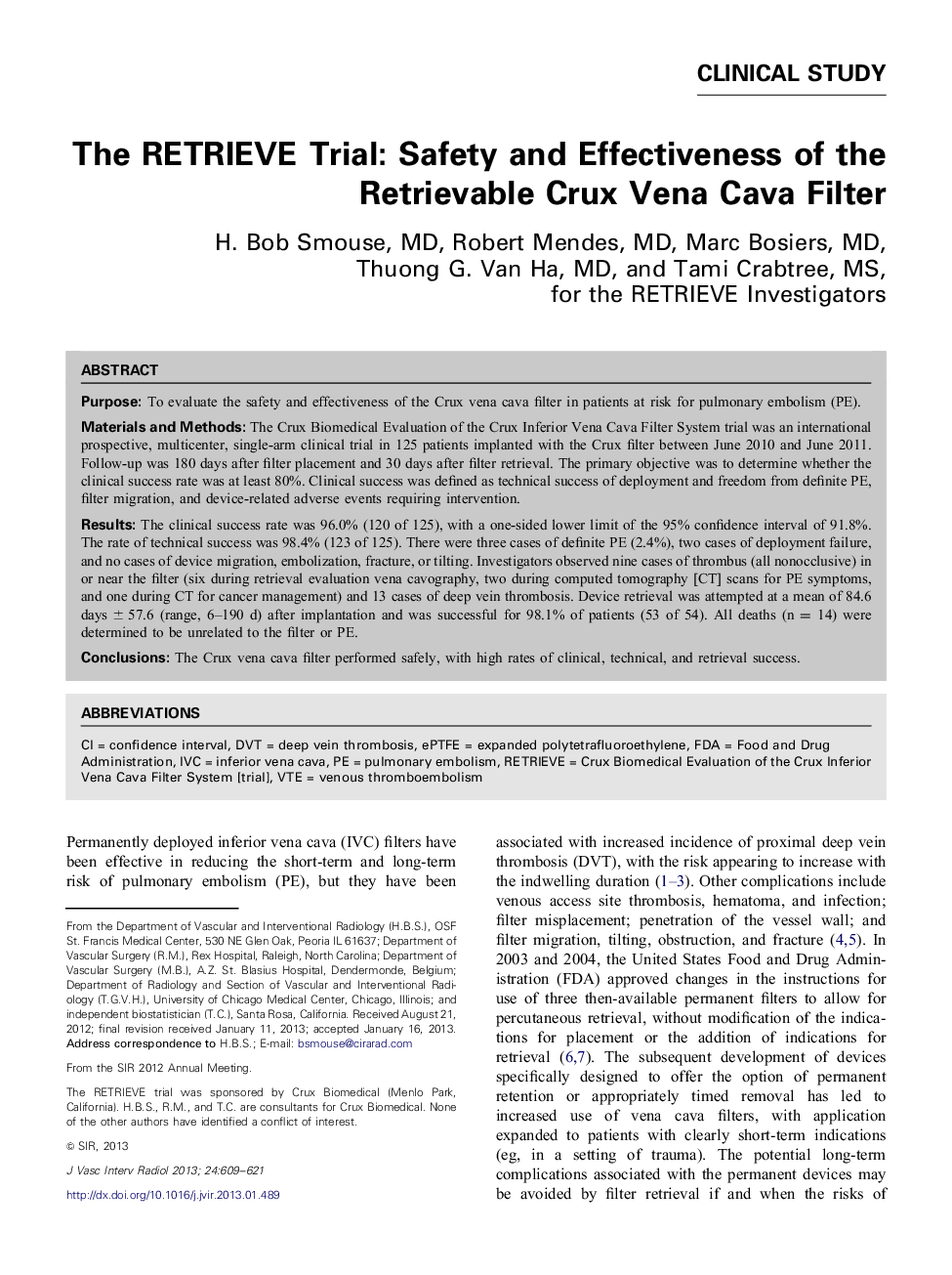 The RETRIEVE Trial: Safety and Effectiveness of the Retrievable Crux Vena Cava Filter