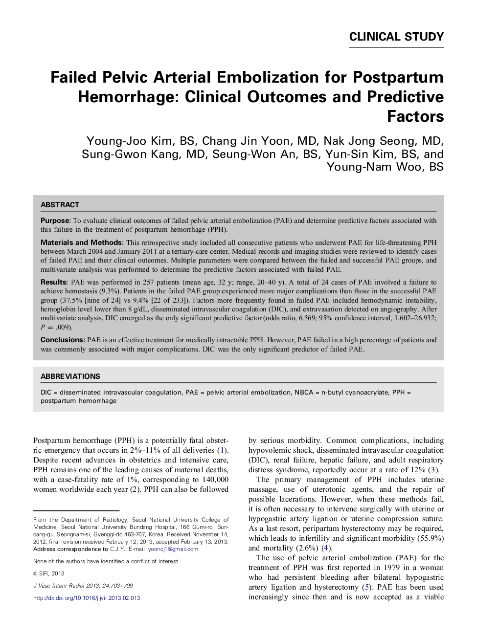 Failed Pelvic Arterial Embolization for Postpartum Hemorrhage: Clinical Outcomes and Predictive Factors