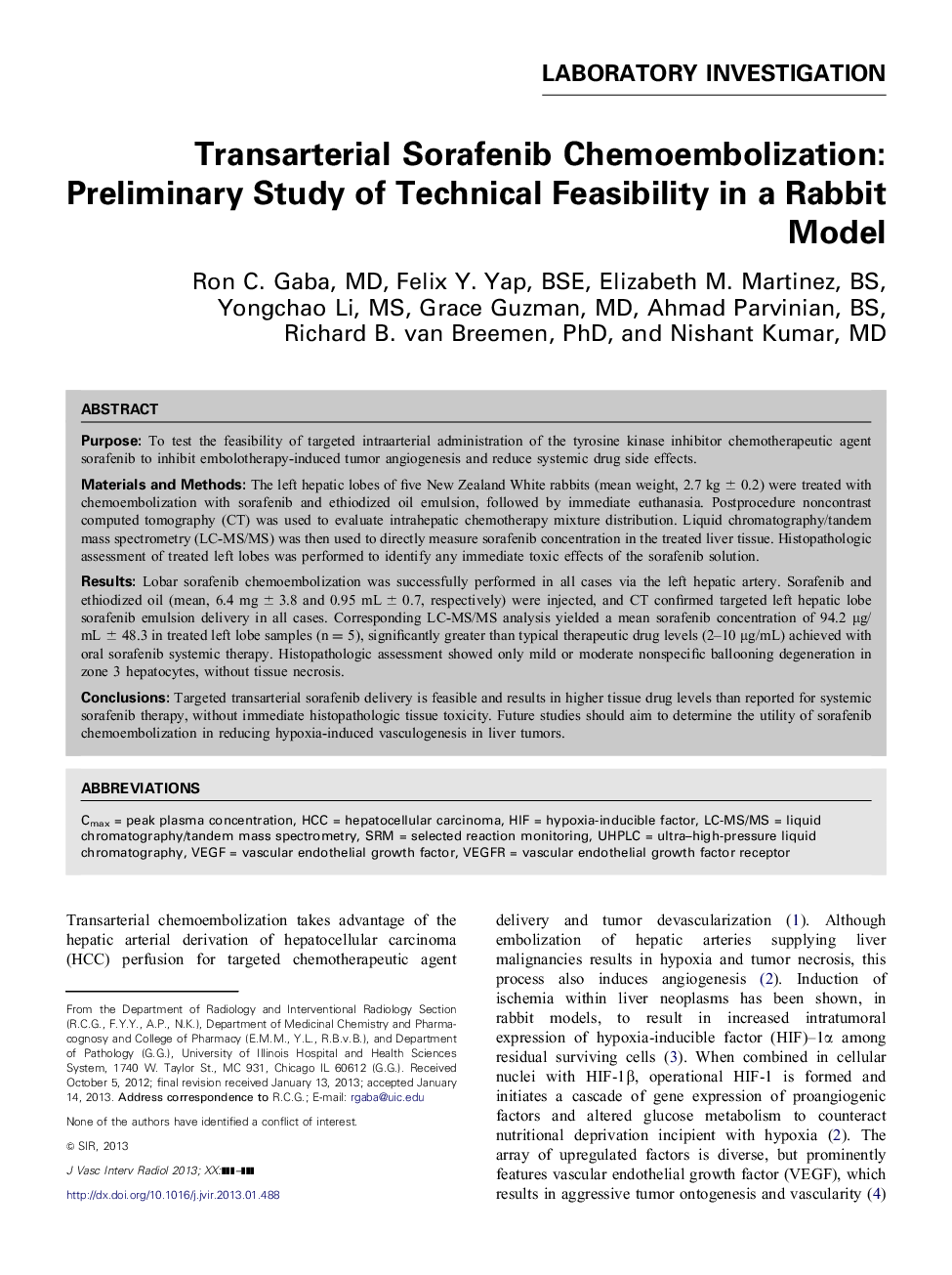 Transarterial Sorafenib Chemoembolization: Preliminary Study of Technical Feasibility in a Rabbit Model