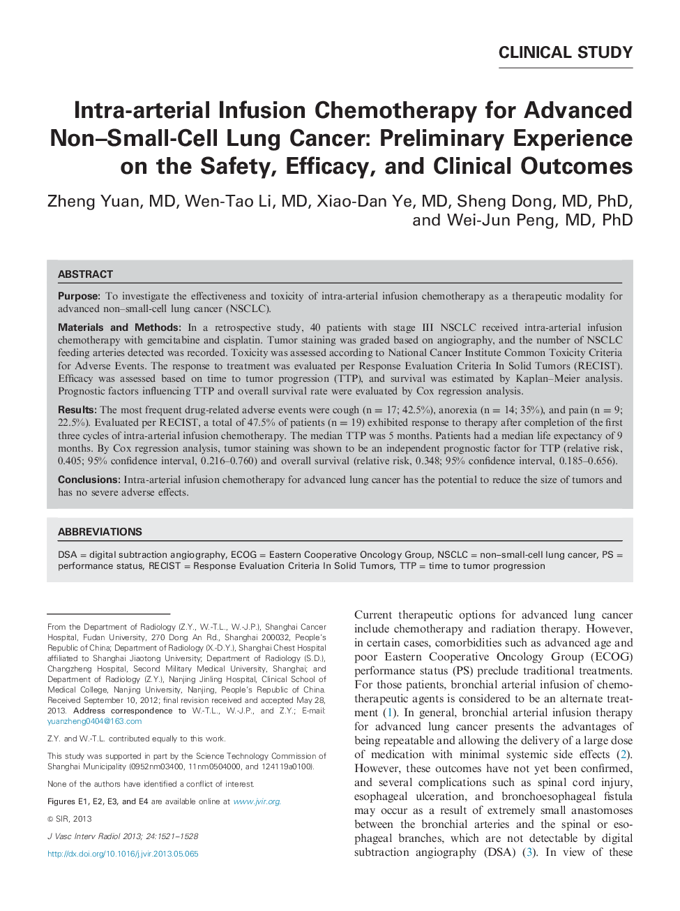 Intra-arterial Infusion Chemotherapy for Advanced Non-Small-Cell Lung Cancer: Preliminary Experience on the Safety, Efficacy, and Clinical Outcomes