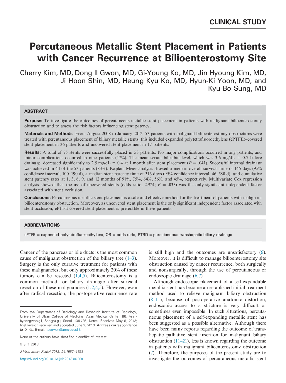 Percutaneous Metallic Stent Placement in Patients with Cancer Recurrence at Bilioenterostomy Site