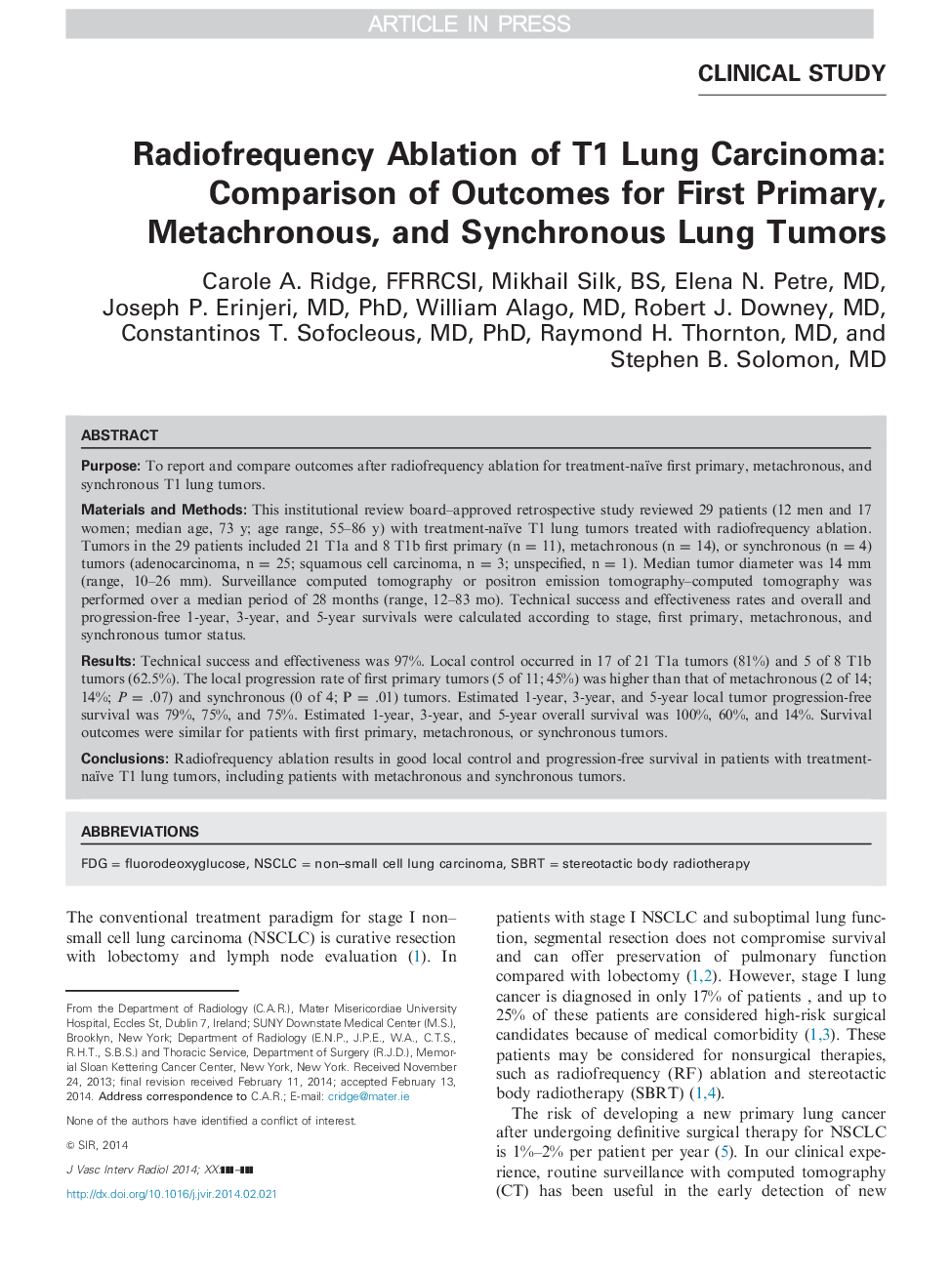 Radiofrequency Ablation of T1 Lung Carcinoma: Comparison of Outcomes for First Primary, Metachronous, and Synchronous Lung Tumors