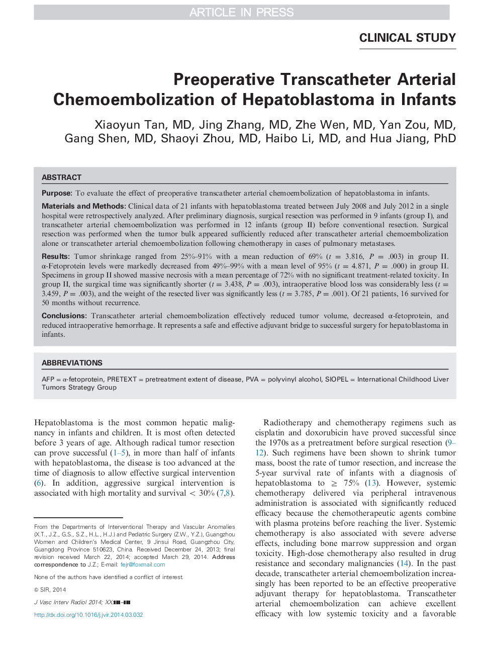 Preoperative Transcatheter Arterial Chemoembolization of Hepatoblastoma in Infants