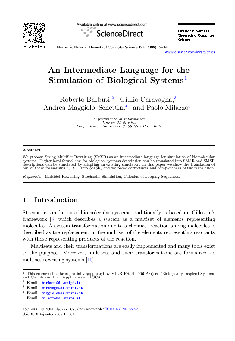 An Intermediate Language for the Simulation of Biological Systems 1