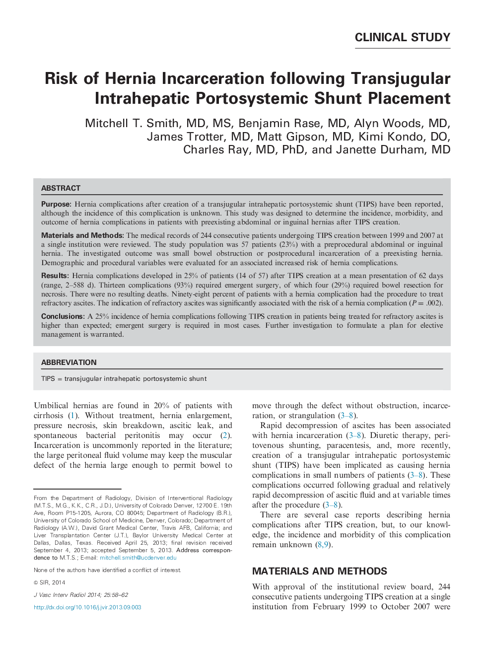 Risk of Hernia Incarceration following Transjugular Intrahepatic Portosystemic Shunt Placement