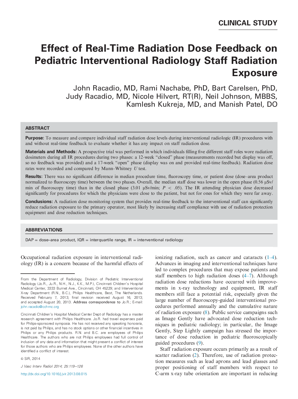 Effect of Real-Time Radiation Dose Feedback on Pediatric Interventional Radiology Staff Radiation Exposure