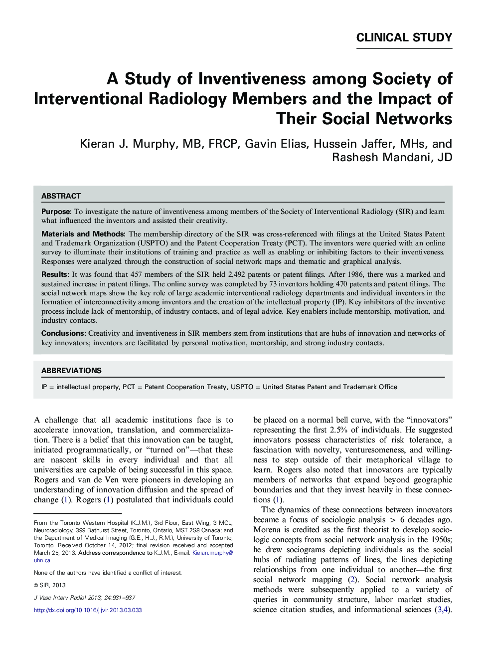 A Study of Inventiveness among Society of Interventional Radiology Members and the Impact of Their Social Networks