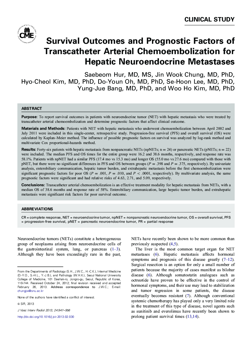 Survival Outcomes and Prognostic Factors of Transcatheter Arterial Chemoembolization for Hepatic Neuroendocrine Metastases