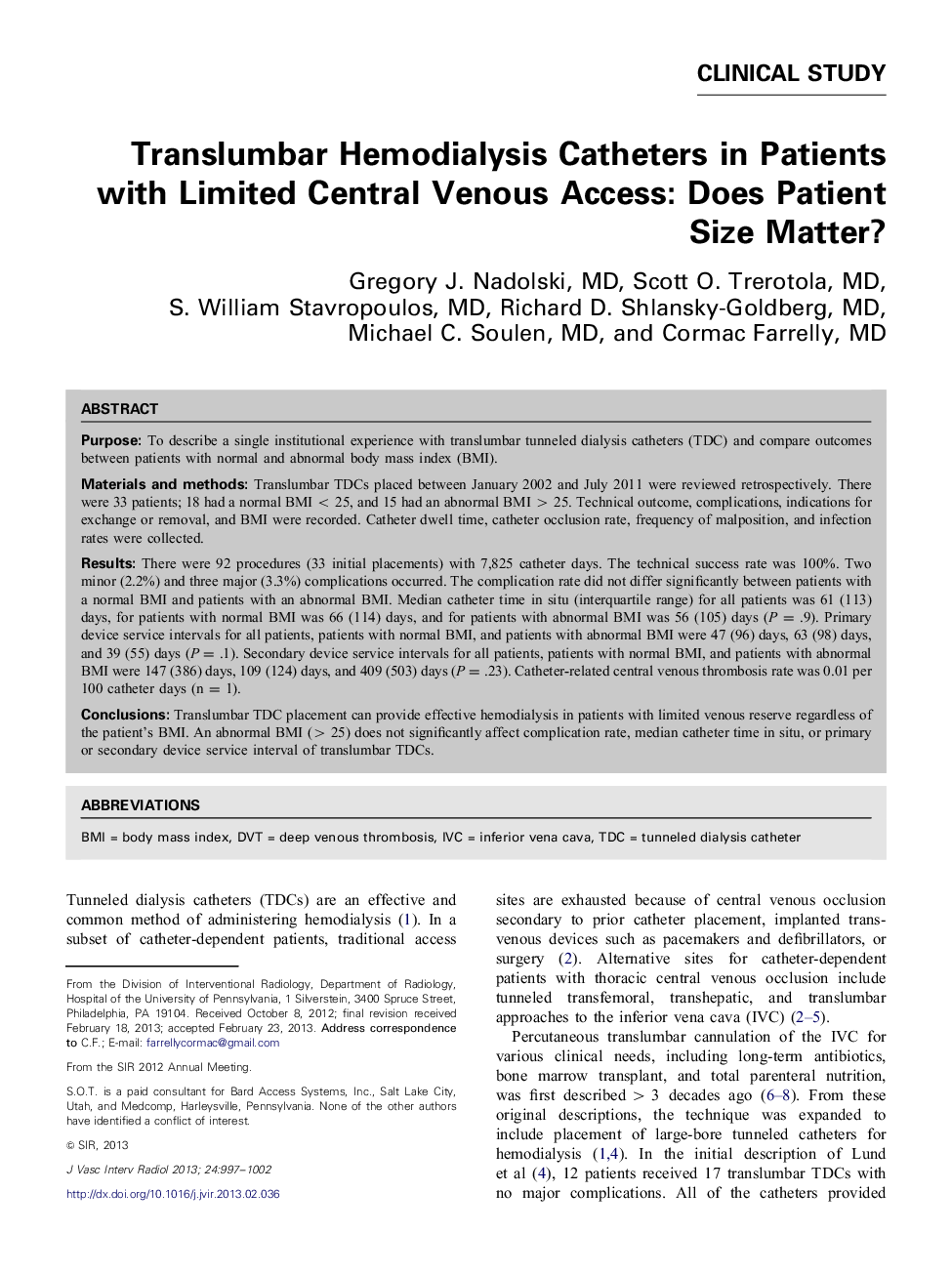 Translumbar Hemodialysis Catheters in Patients with Limited Central Venous Access: Does Patient Size Matter?