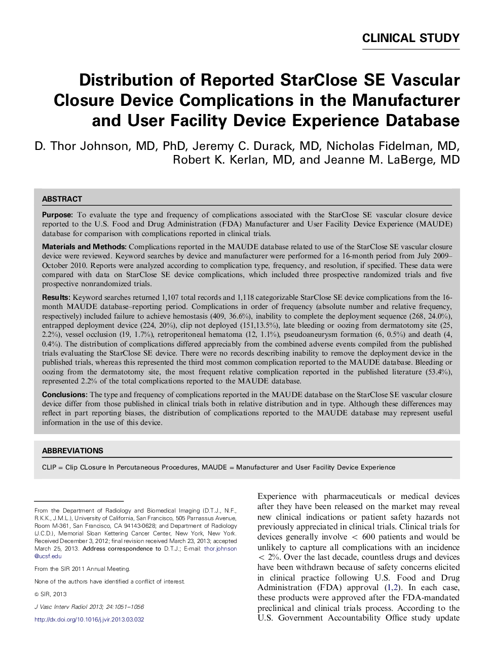 Distribution of Reported StarClose SE Vascular Closure Device Complications in the Manufacturer and User Facility Device Experience Database