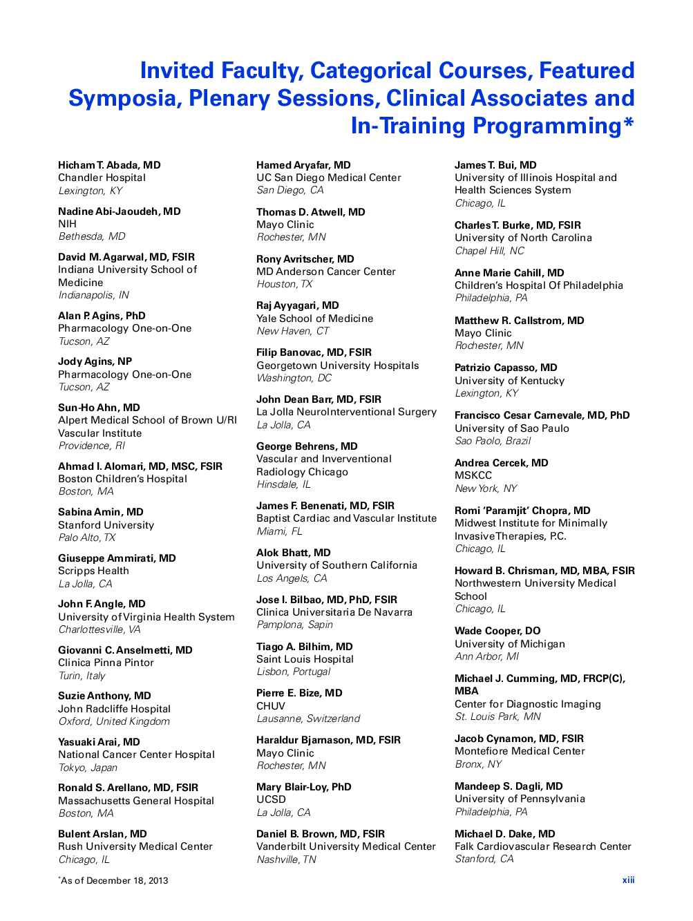 Categorical Courses, Featured Symposia, Plenary Sessions, Clinical Associates and In-Training Programming Invited Faculty