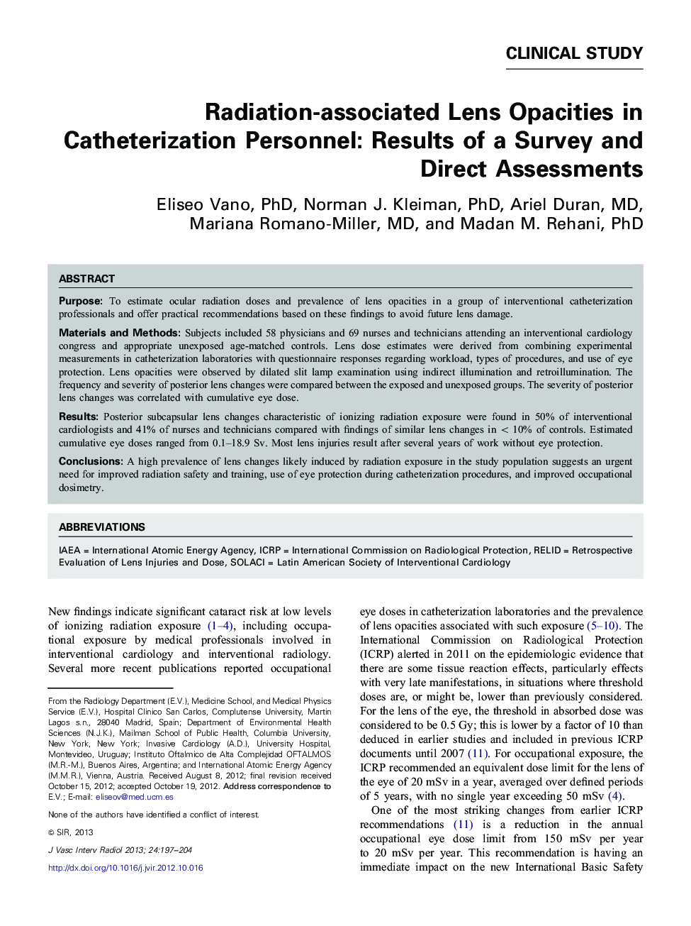 Radiation-associated Lens Opacities in Catheterization Personnel: Results of a Survey and Direct Assessments