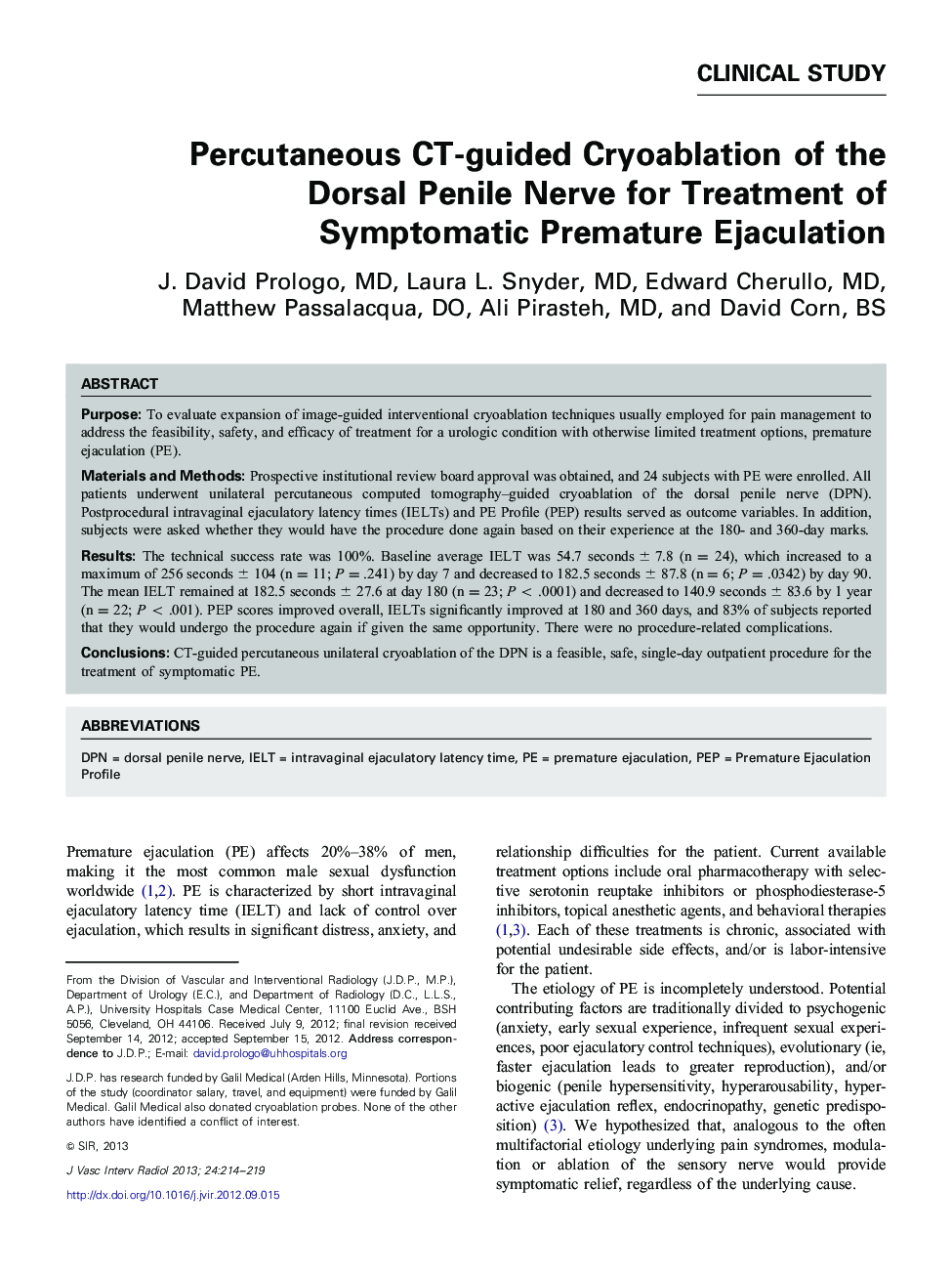 Percutaneous CT-guided Cryoablation of the Dorsal Penile Nerve for Treatment of Symptomatic Premature Ejaculation