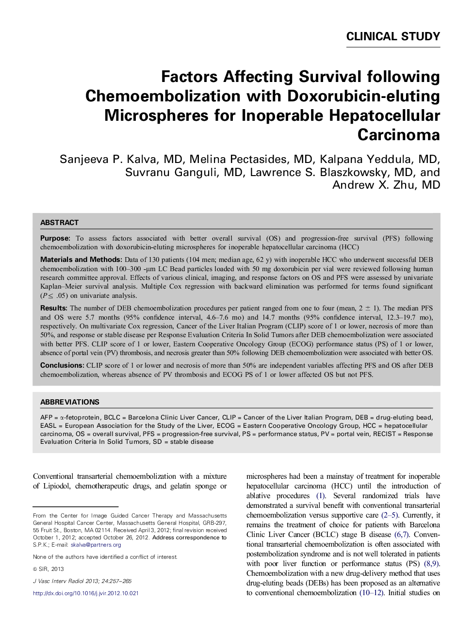 Factors Affecting Survival following Chemoembolization with Doxorubicin-eluting Microspheres for Inoperable Hepatocellular Carcinoma