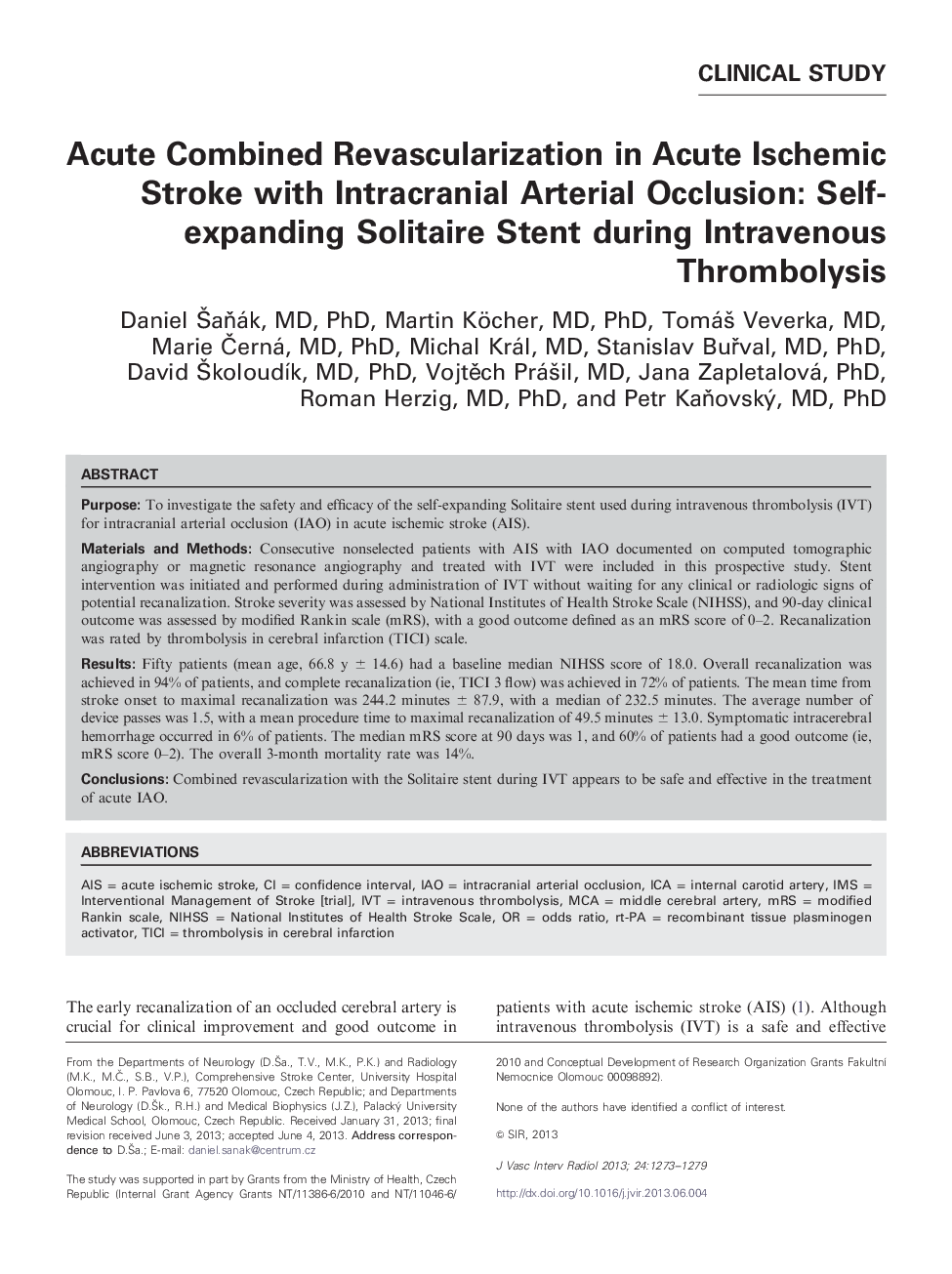 Acute Combined Revascularization in Acute Ischemic Stroke with Intracranial Arterial Occlusion: Self-expanding Solitaire Stent during Intravenous Thrombolysis