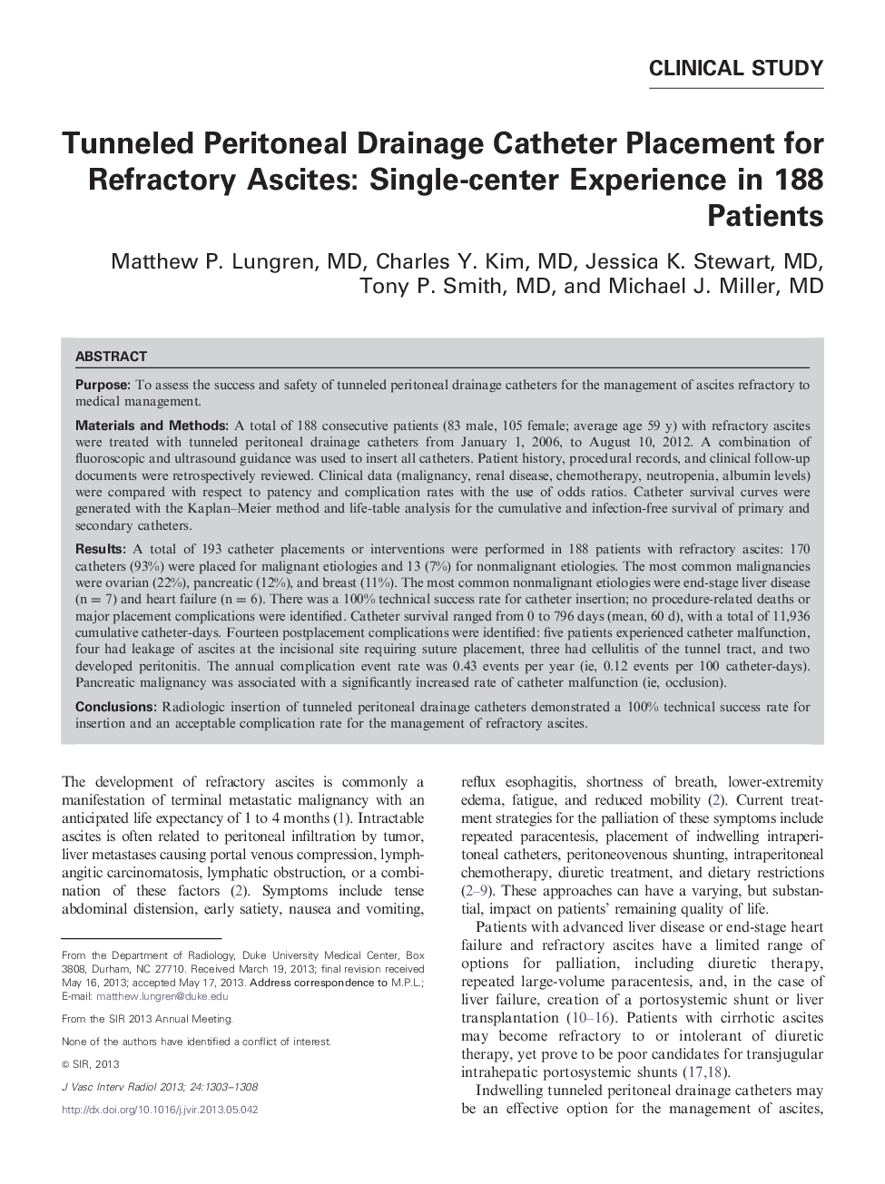 عکس صفحه اول مقاله: Tunneled Peritoneal Drainage Catheter Placement for Refractory Ascites: Single-center Experience in 188 Patients Tunneled Peritoneal Drainage Catheter Placement for Refractory Ascites: Single-center Experience in 188 Patients