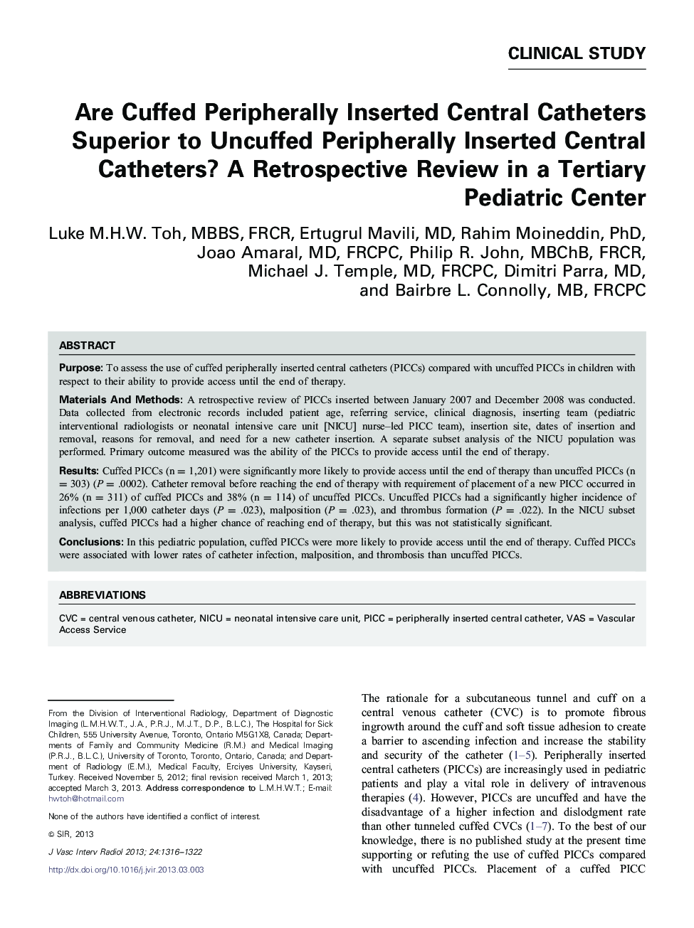 Are Cuffed Peripherally Inserted Central Catheters Superior to Uncuffed Peripherally Inserted Central Catheters? A Retrospective Review in a Tertiary Pediatric Center